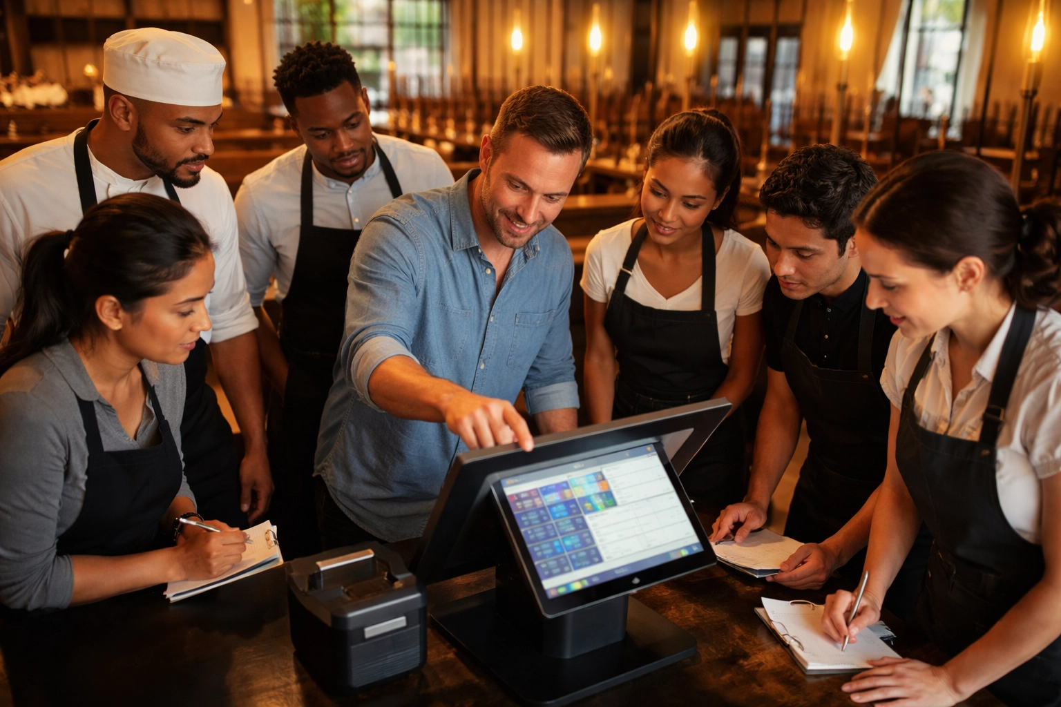 Diverse restaurant team training on POS system in newly completed Bay Area restaurant dining room
