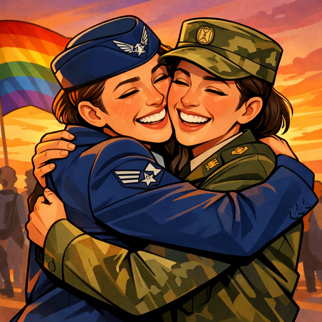Lesbian military couple embracing at reunion celebrating LGBTQ+ service members and pride