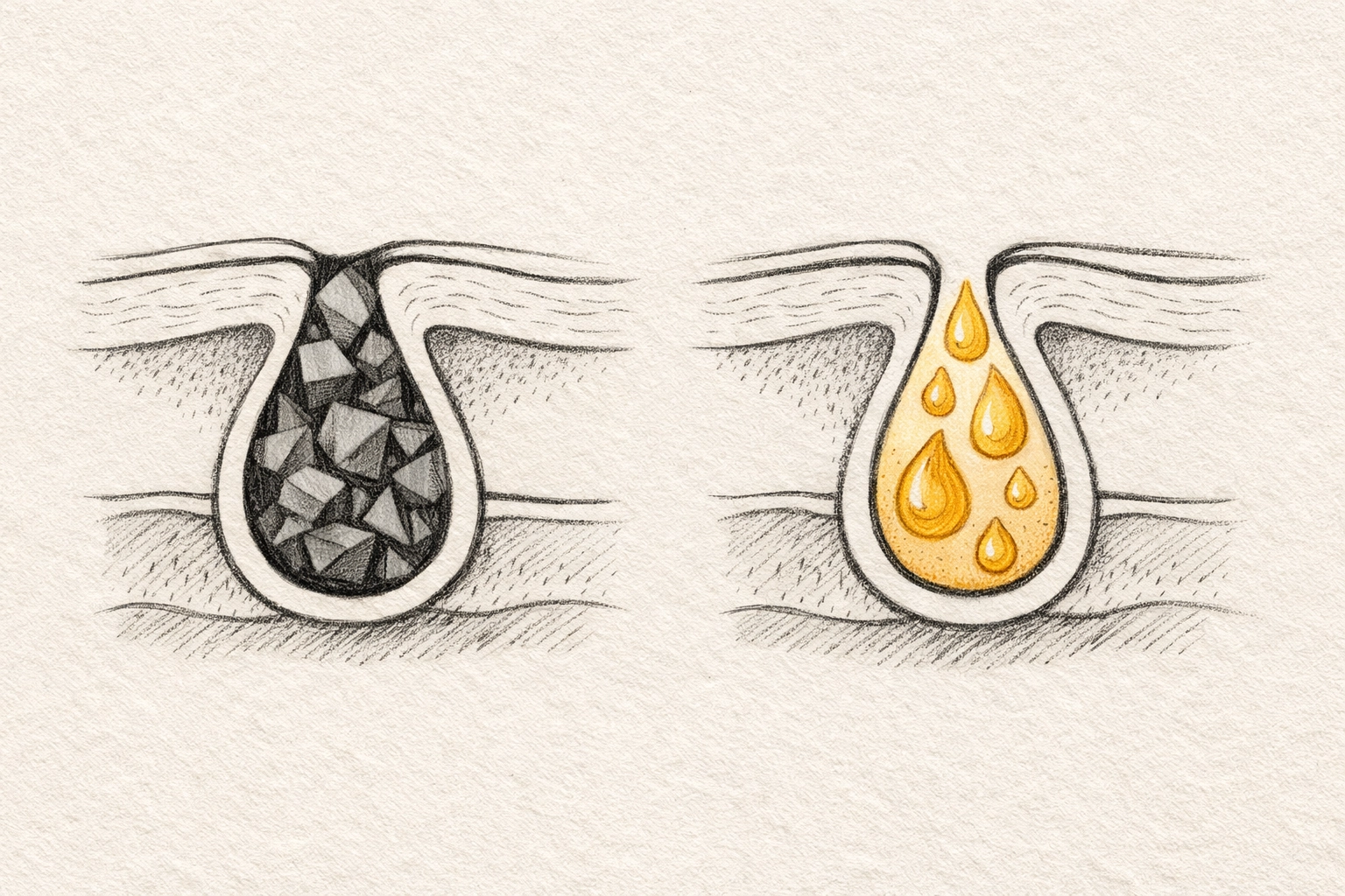 Illustration comparing a clogged skin pore to a clear pore with biocompatible lipids.