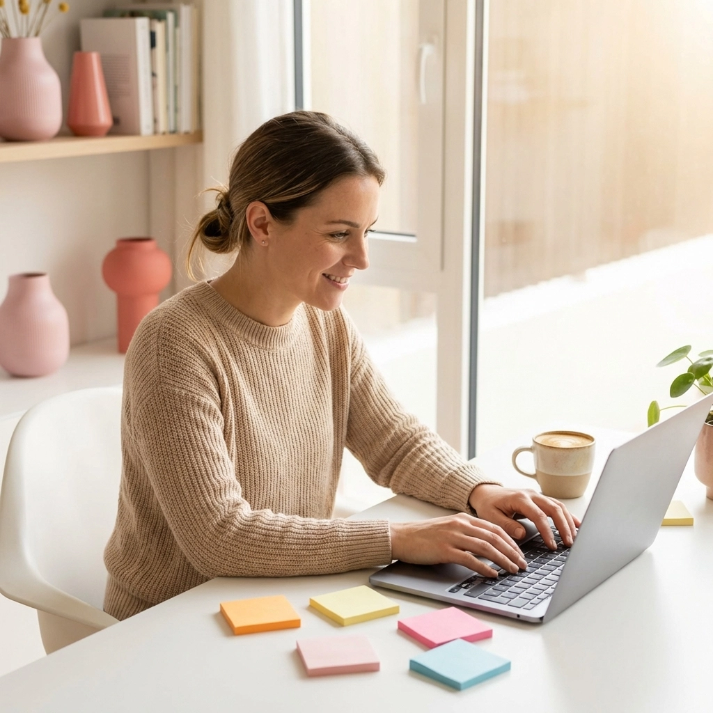 Entrepreneur researching social media keywords at a bright desk for SEO planning