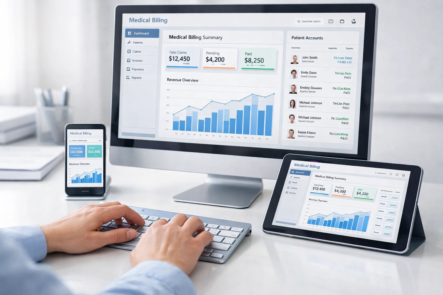 Medical billing software interface displayed on computer, tablet, and smartphone