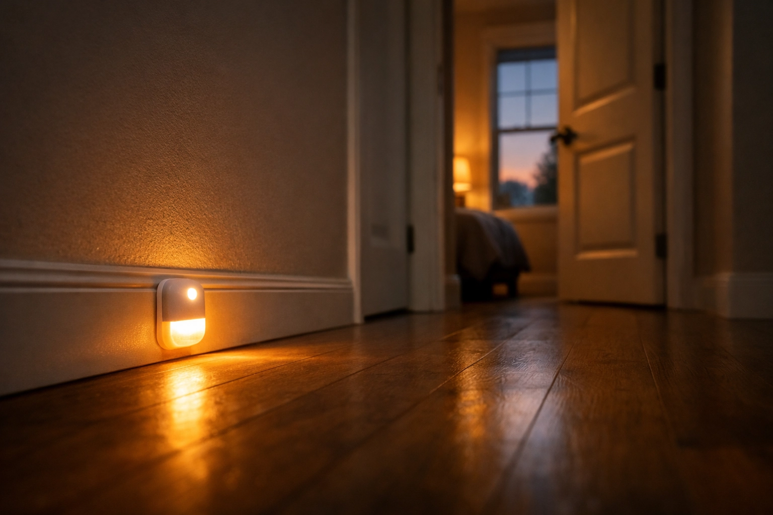 Motion-sensor nightlight illuminating hallway floor to prevent falls during nighttime navigation
