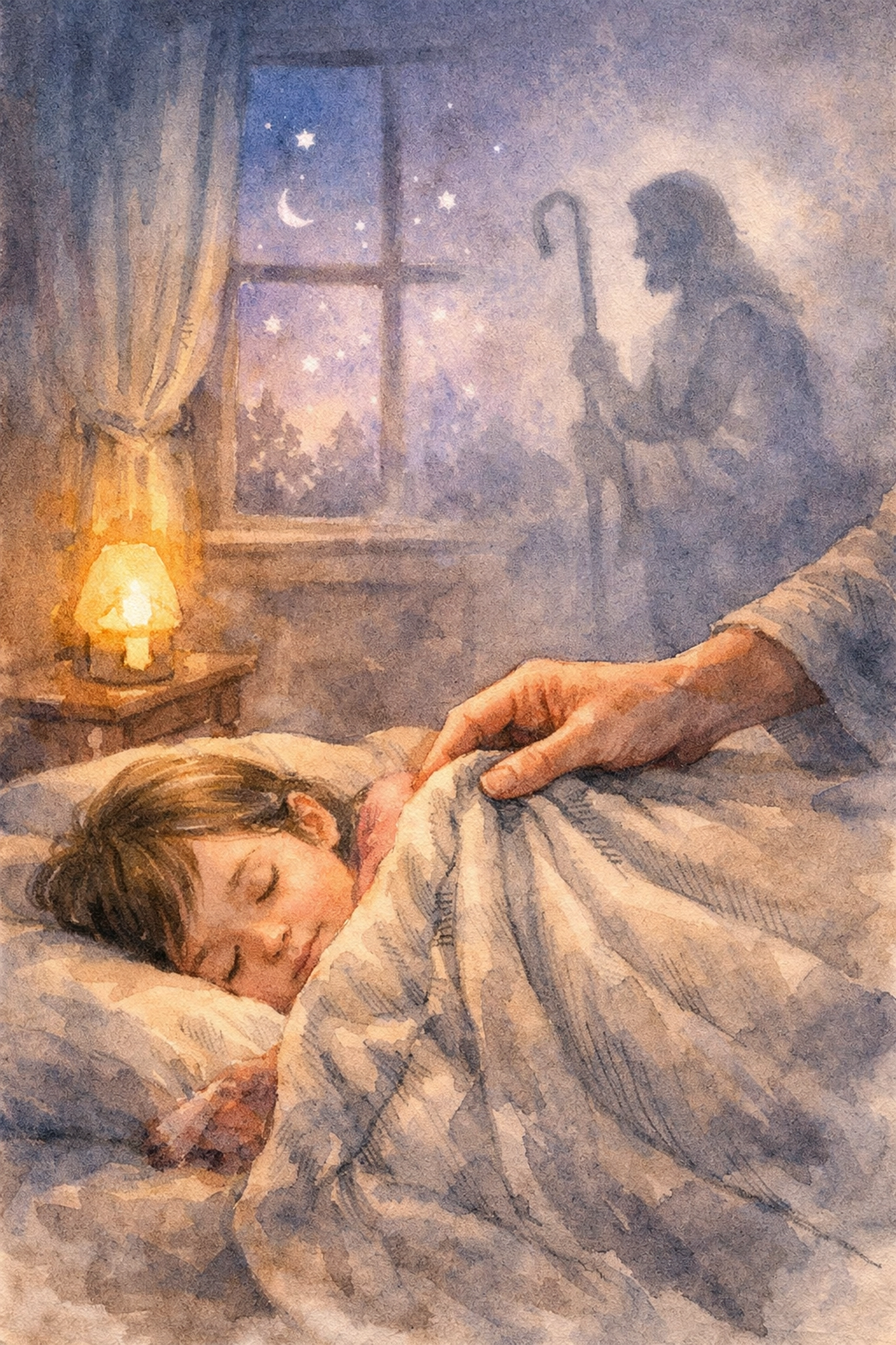 Parent tucking child into bed at night with shepherd silhouette symbolizing God's watchful care