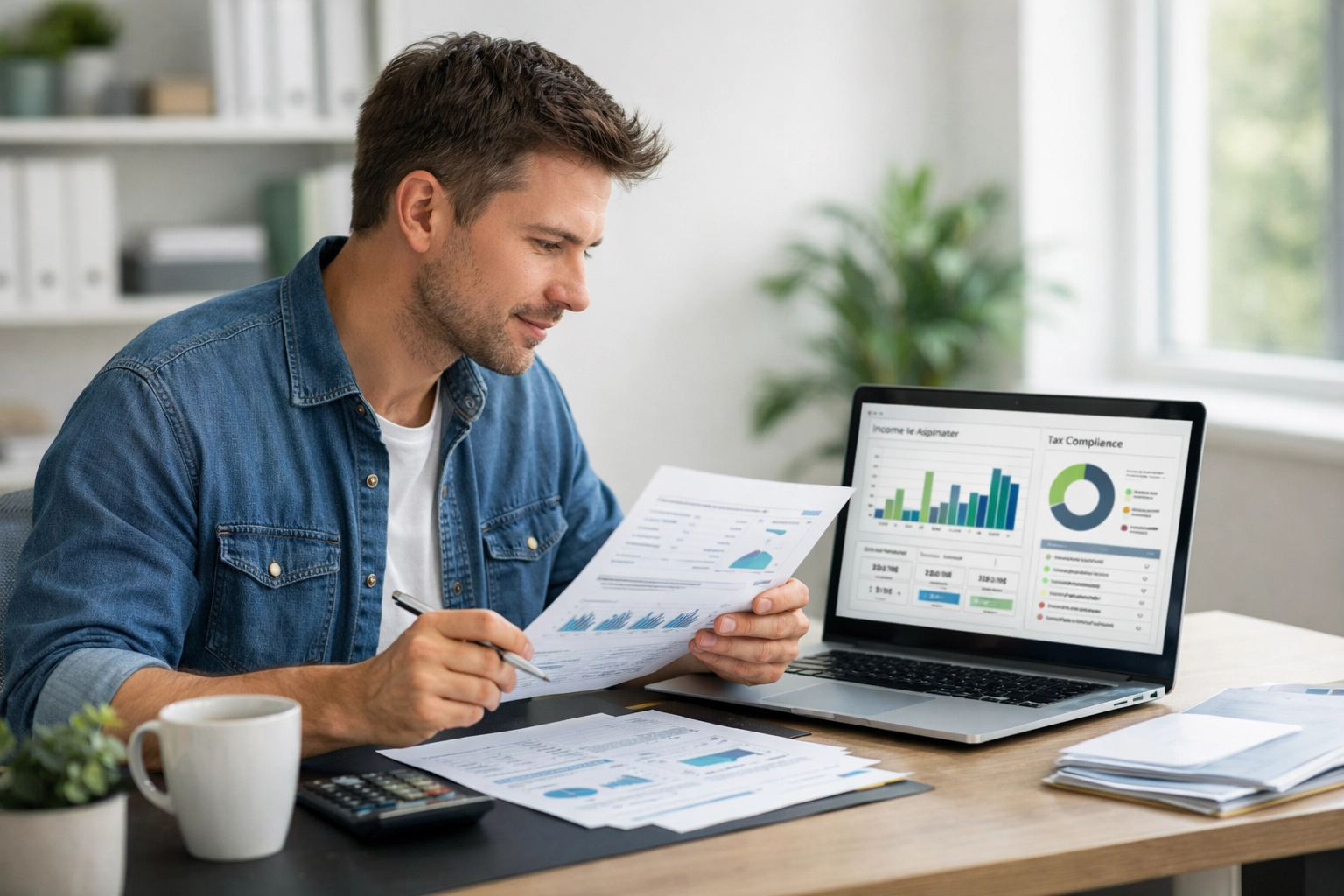 Startup founder reviewing digital financial records to ensure accurate tax compliance and bookkeeping.