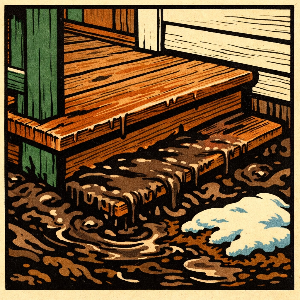 Illustration of moisture damage on a New Hampshire wooden porch step during mud season.