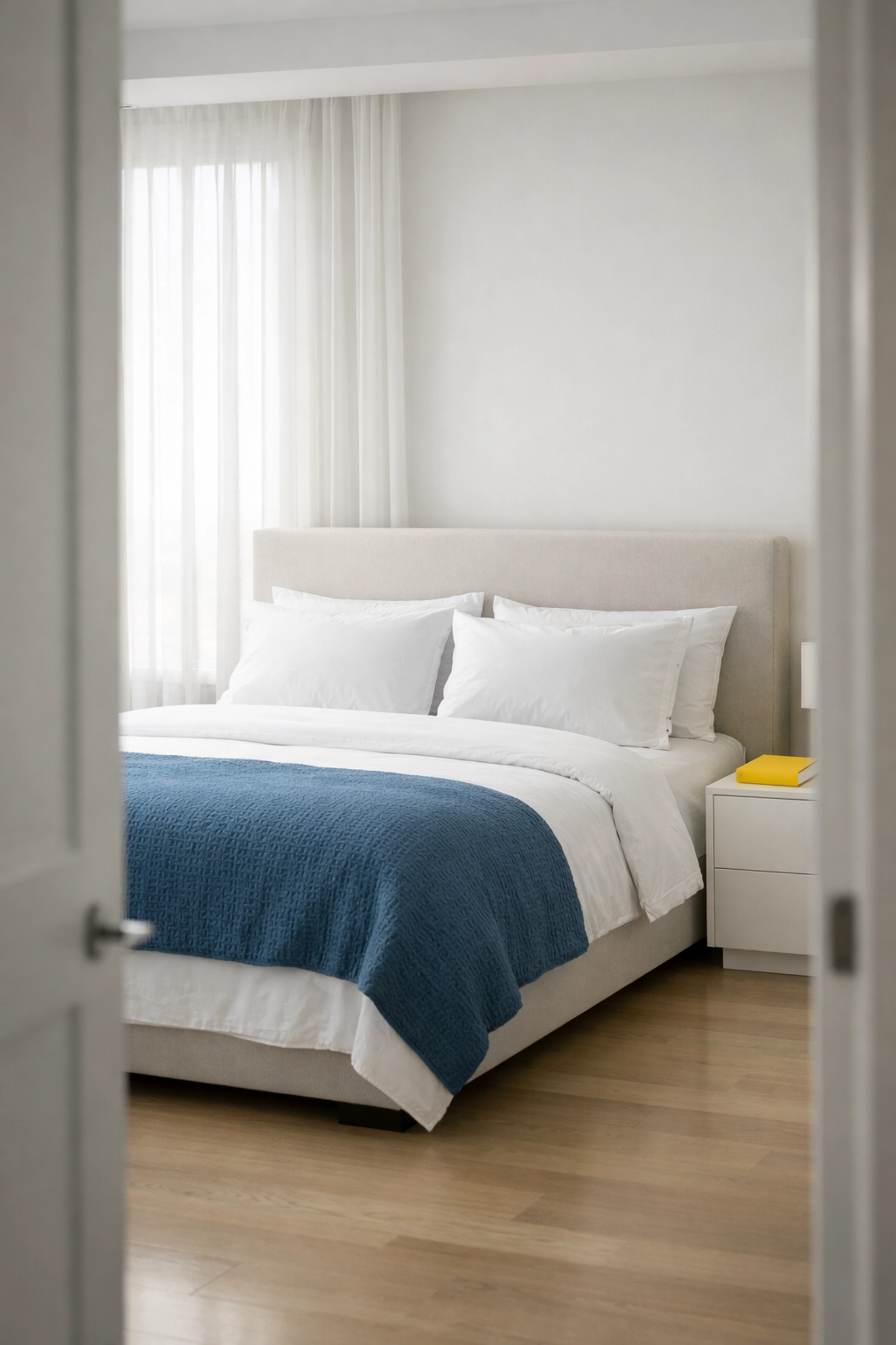 A serene, clutter-free master bedroom illustrating the benefits of regular weekly house cleaning services.