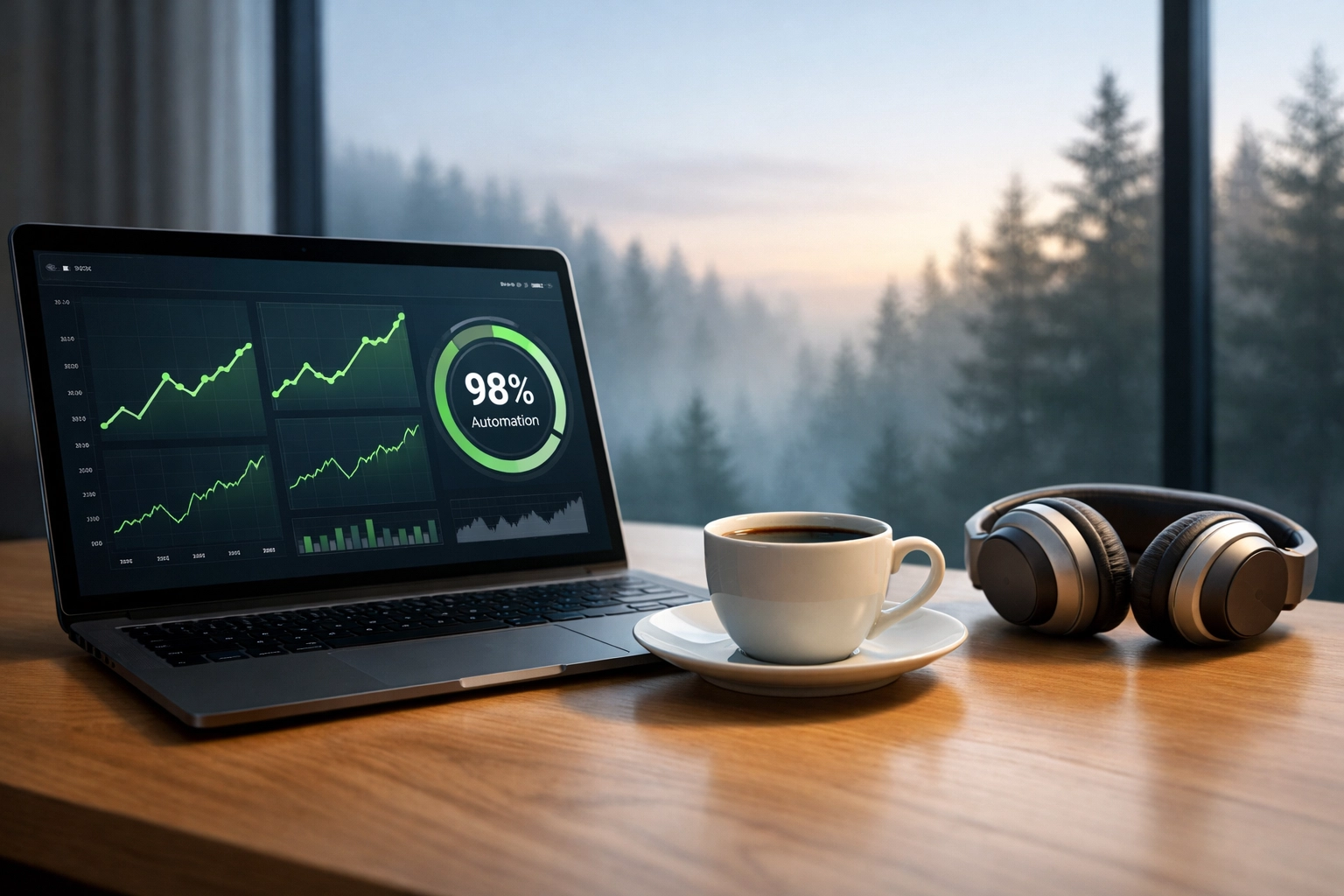 A laptop displaying automated growth charts for a Micro-SaaS business generating monthly passive income.