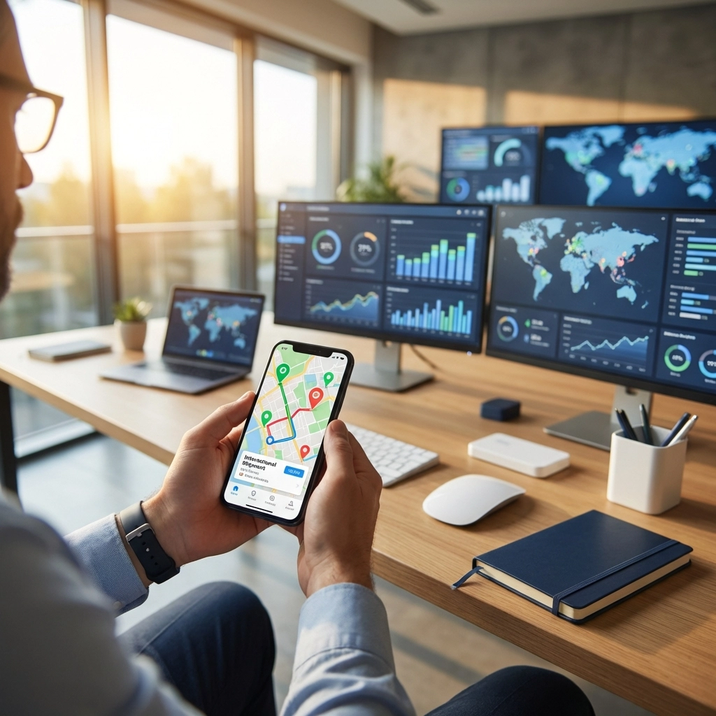 Logistics manager tracks international shipment on smartphone in a modern office, showcasing real-time cargo updates.