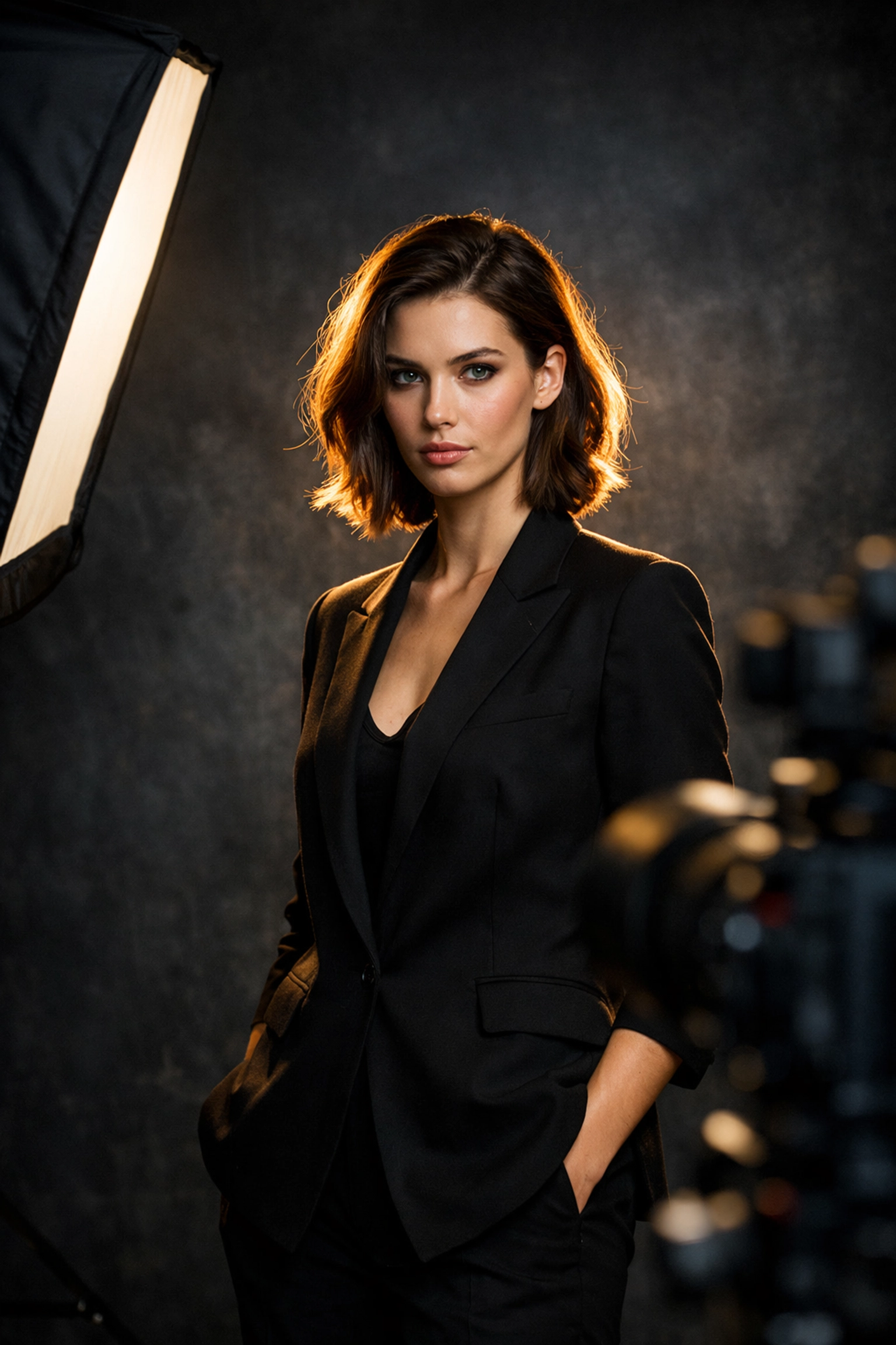 Professional studio lighting and rim lights used to master portrait photography techniques.