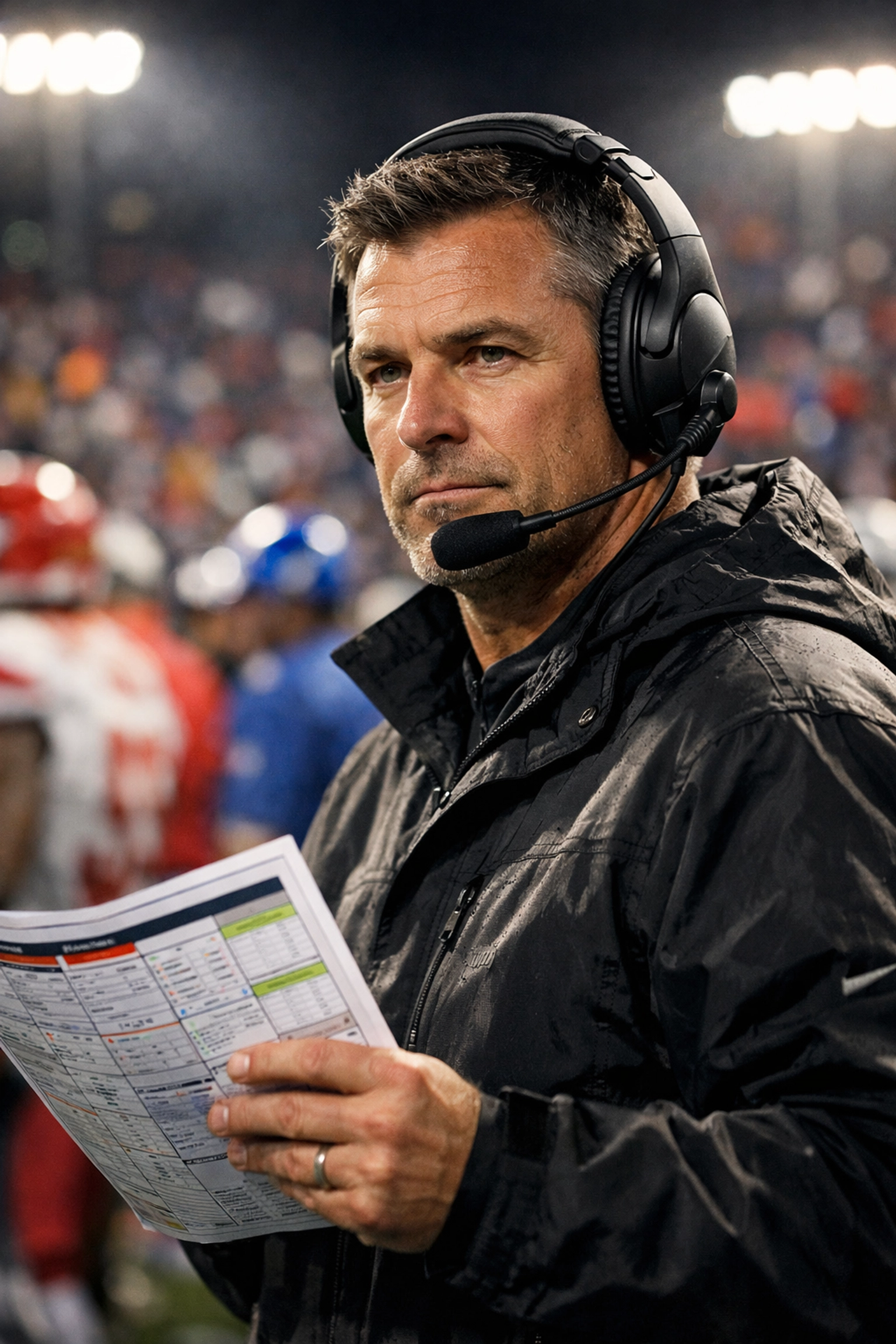 Professional head coach on the sideline using strategic adjustments and preparation to win the game.