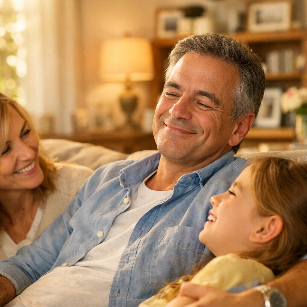 Physician enjoying family time at home, representing long-term financial security and wealth planning.