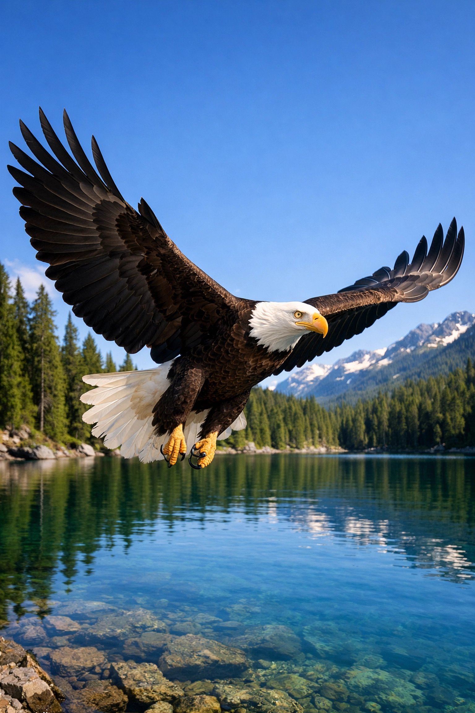 A Bald Eagle soaring over a mountain lake, representing iconic regional wildlife and conservation success.