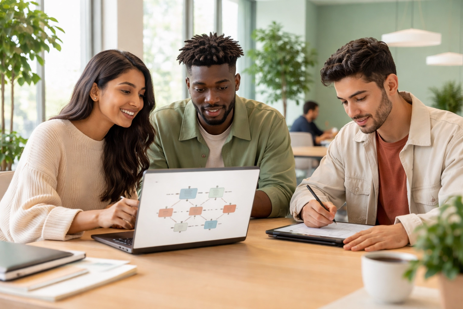 Diverse international freelancers collaborating at a coworking space, symbolizing stablecoin payroll advantages