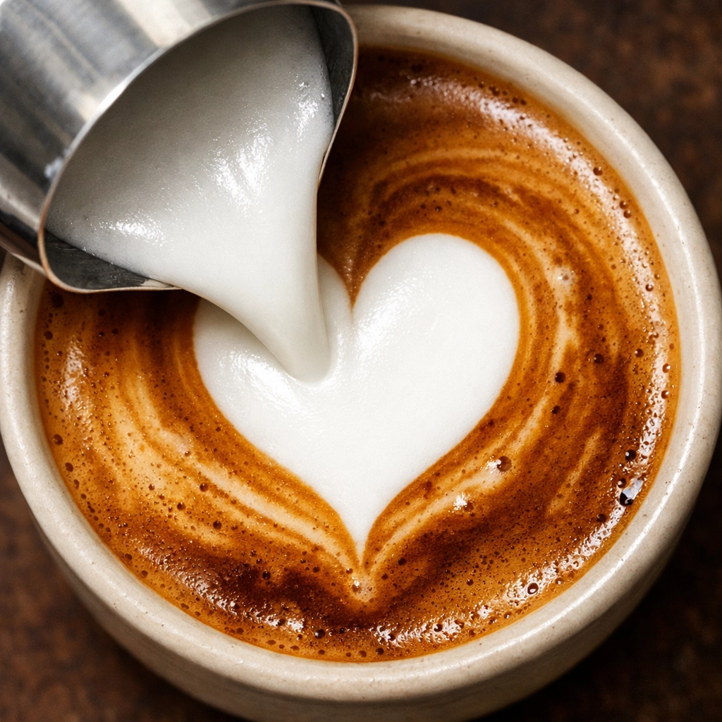 Pouring silky microfoam into espresso to create latte art, demonstrating professional barista milk texturing.