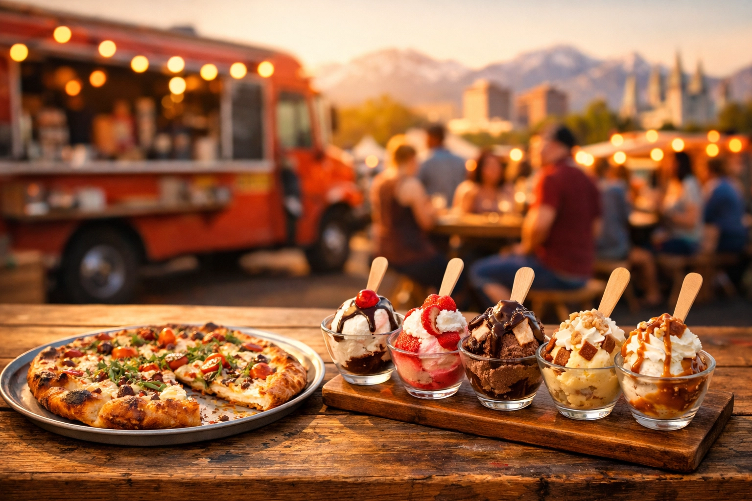 Artisan pizza and ice cream sundaes at a corporate event catered by a food truck in Salt Lake City.