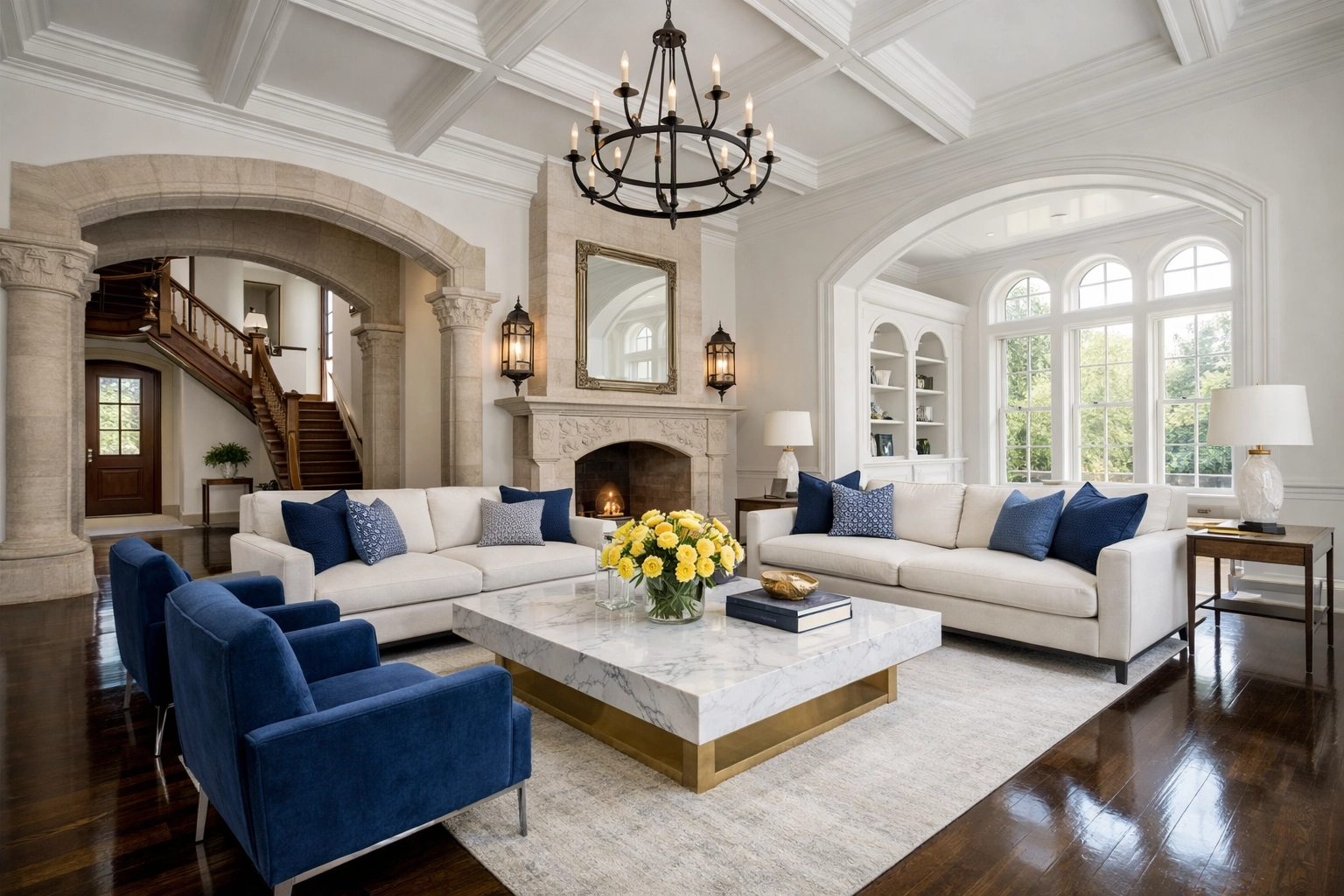 Luxury estate living room showing professional house cleaning results in Weston MA.