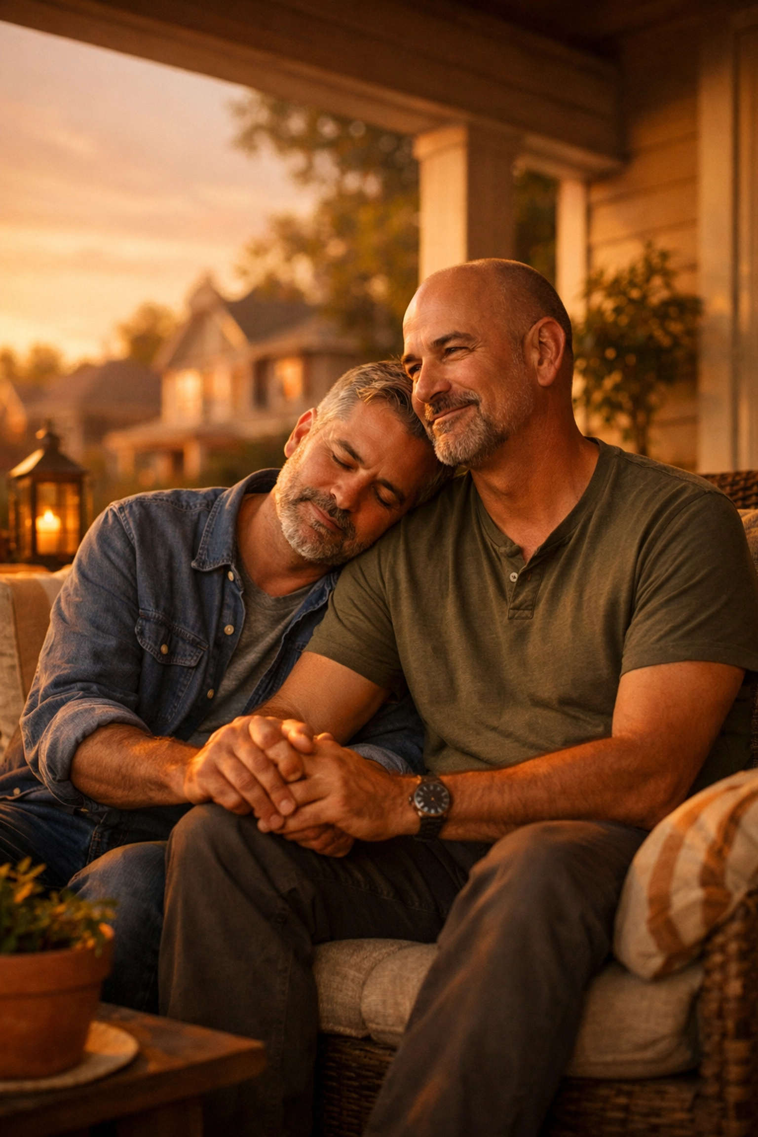 Two married men holding hands on their porch at sunset after years together