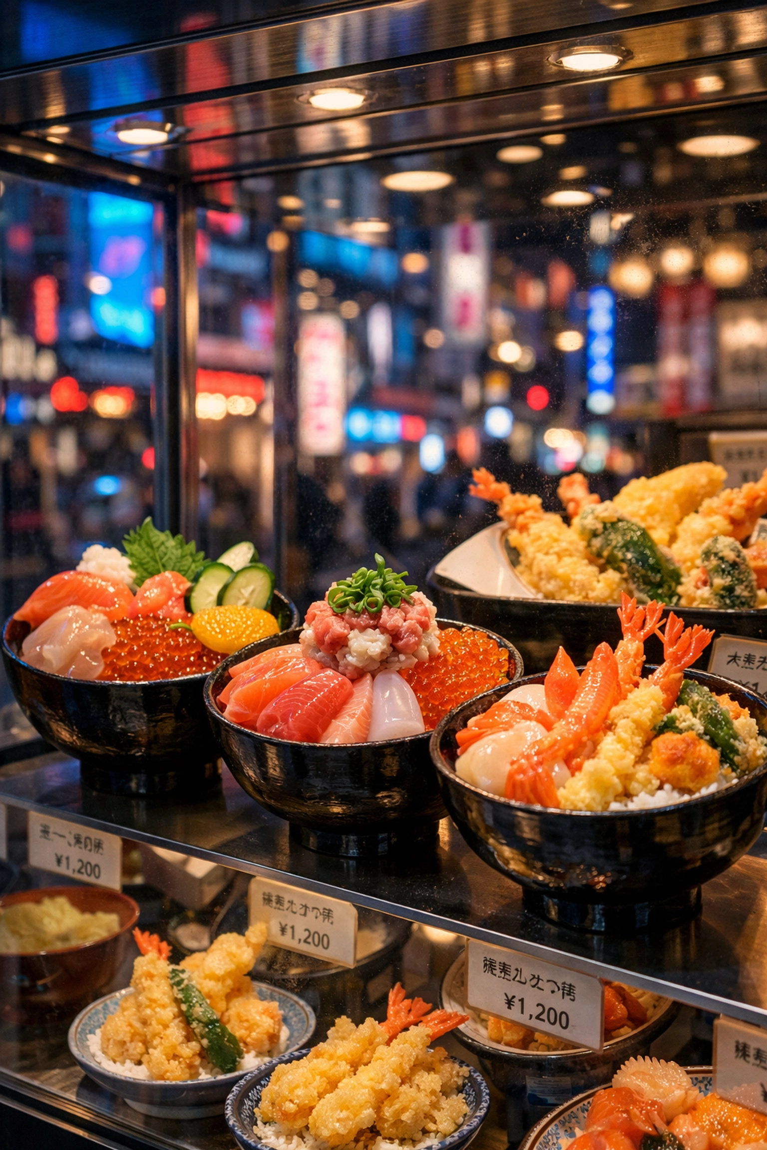 Detailed plastic food models on display in a glass case outside a Tokyo restaurant.