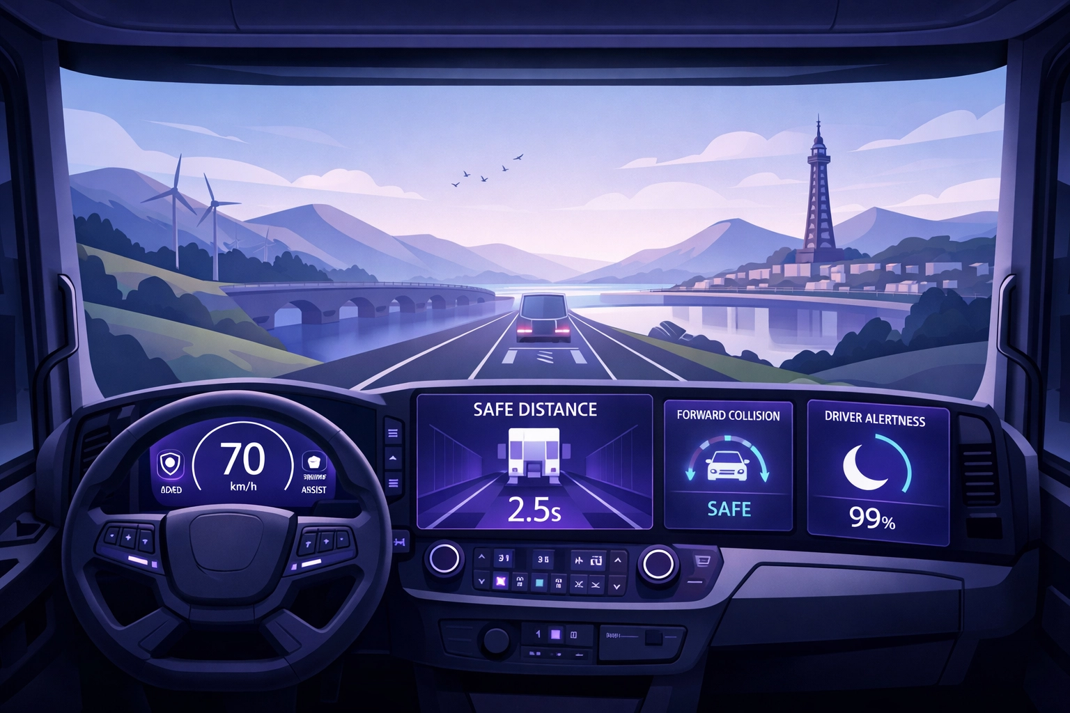 View from a high-tech HGV dashboard showing safety metrics for professional drivers in the North West.