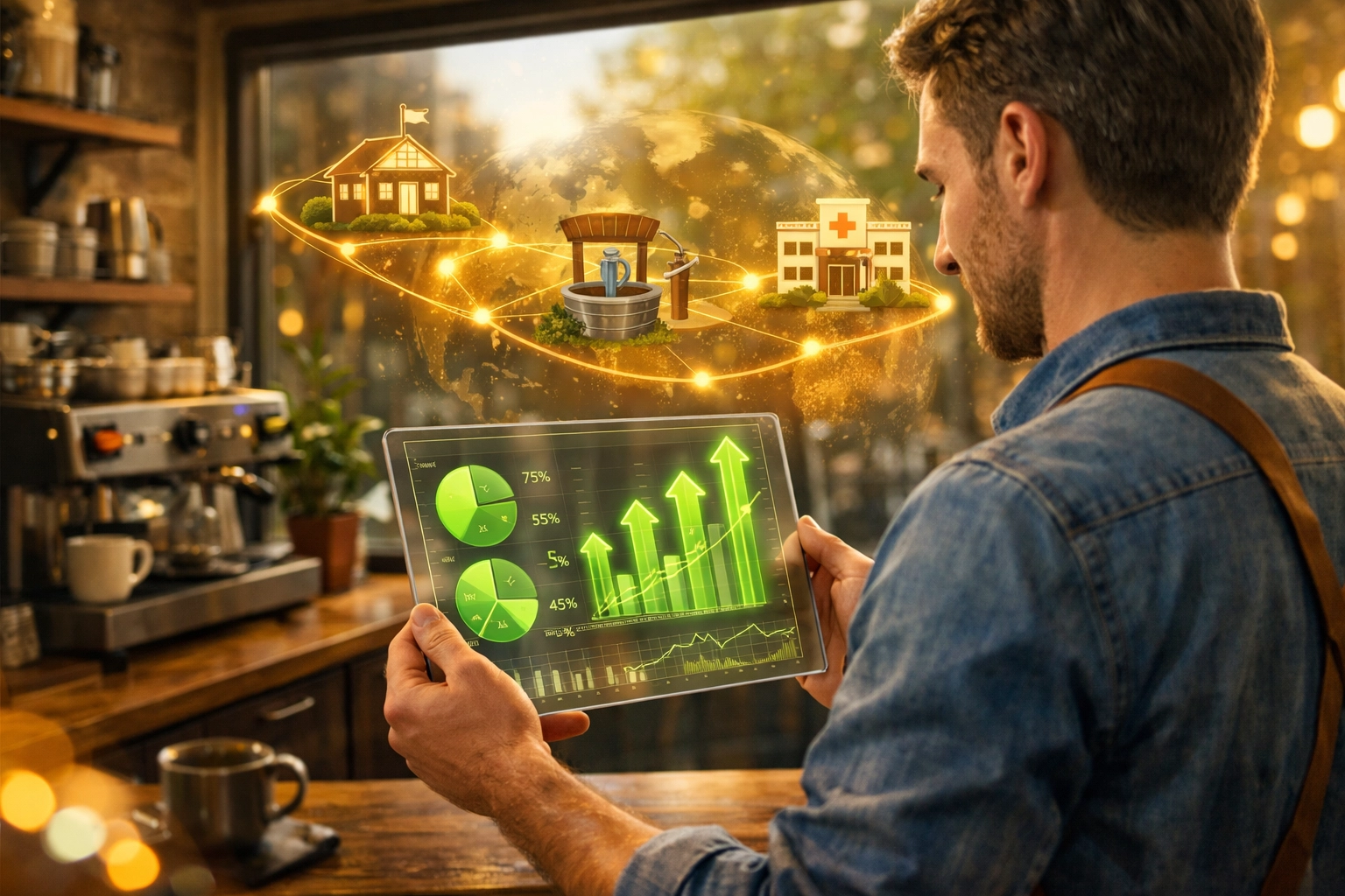 Merchant tracking charity impact dashboard showing global projects funded by crypto payments