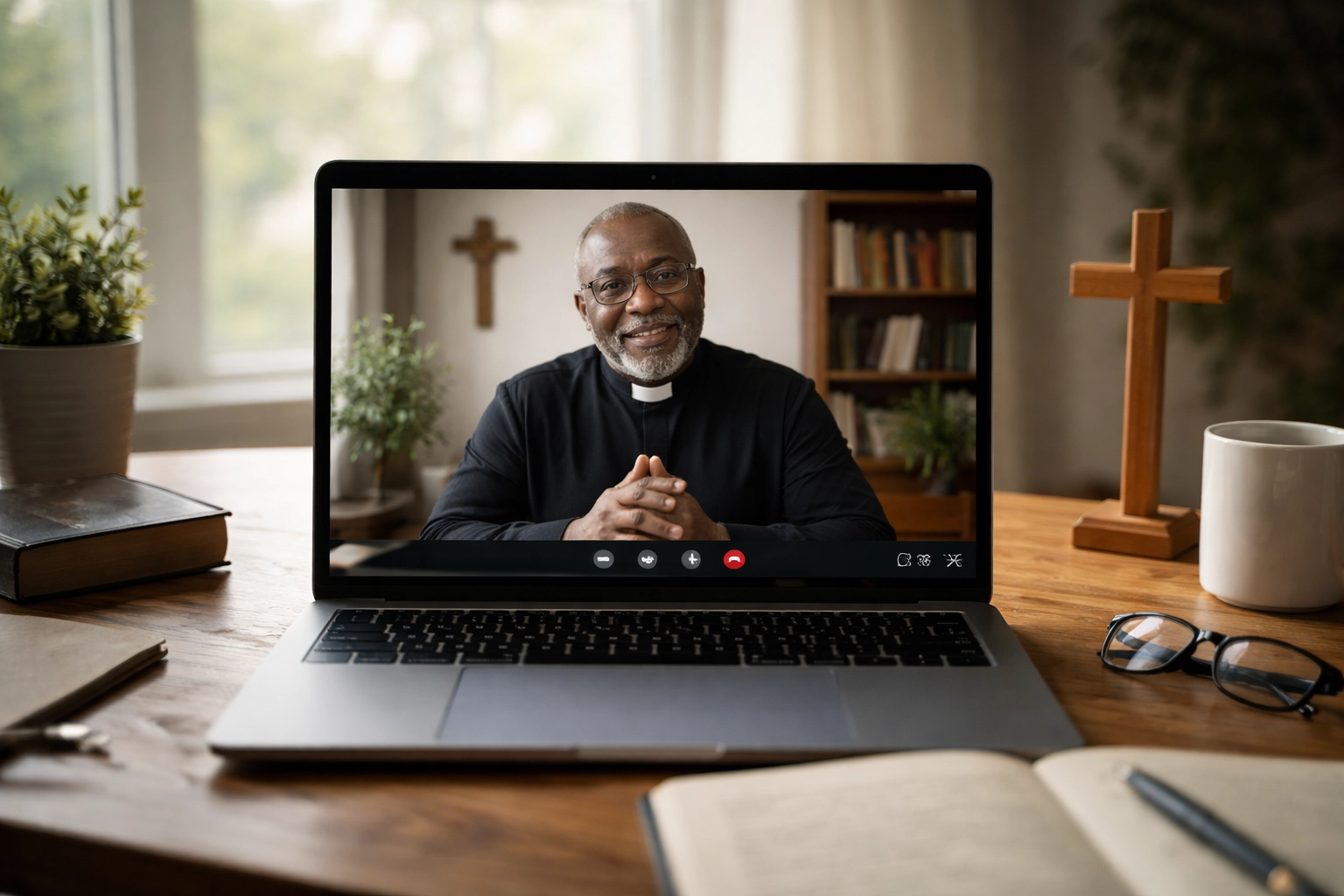 Laptop video call for online deliverance ministry session, showing remote support available in Maryland