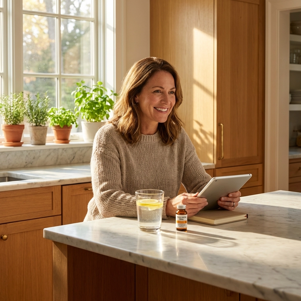Middle-aged woman reviewing her morning wellness routine with peptide therapy for metabolic health support