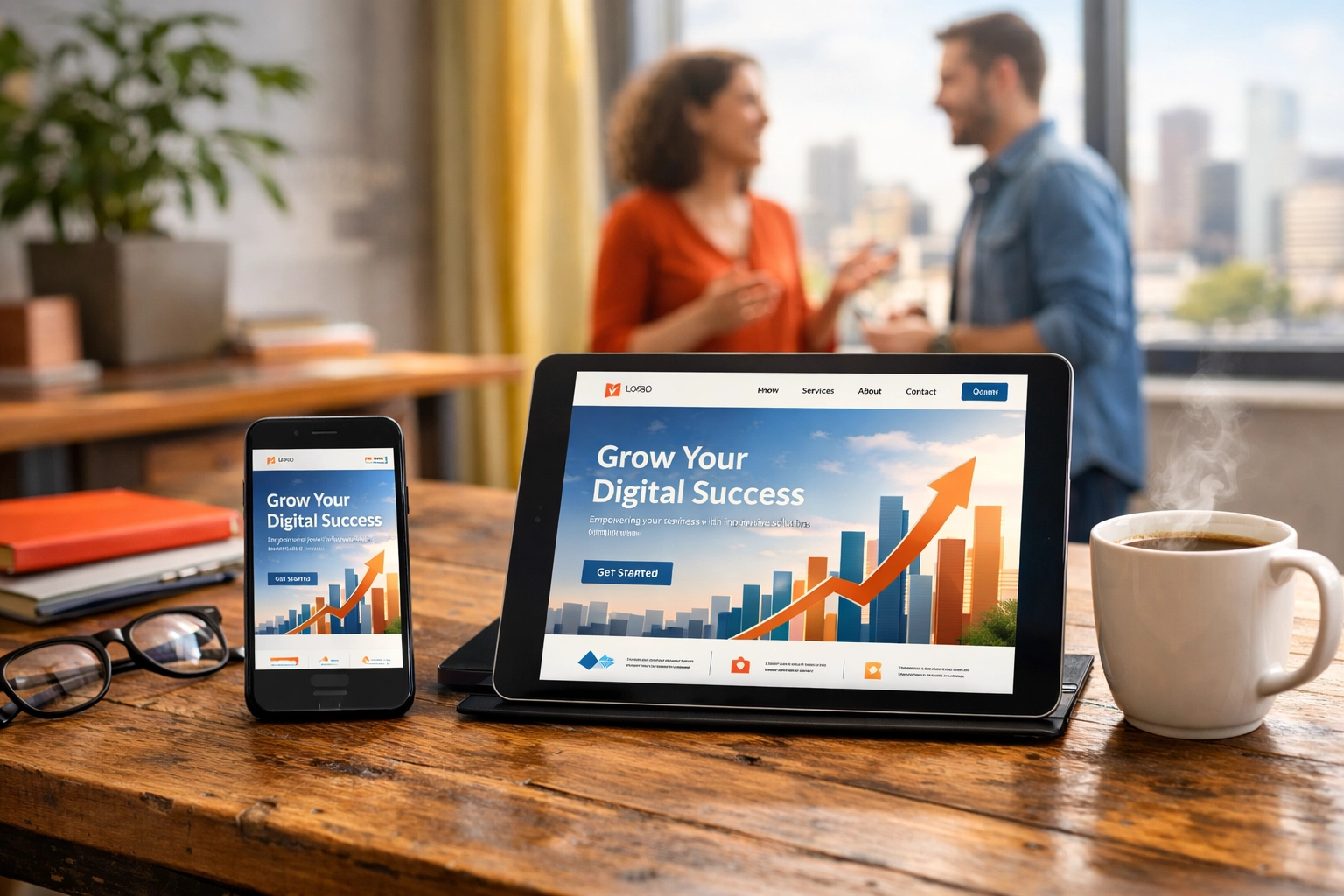 Smartphone and tablet showing a mobile-optimized business website in a professional collaborative office.