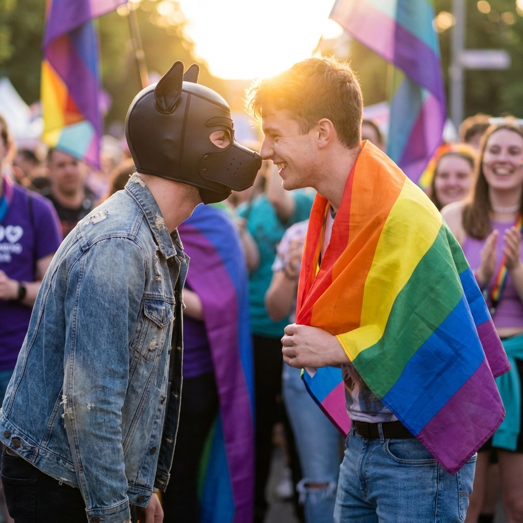 Two men at LGBTQ+ pride event, one wearing puppy hood, celebrating pup play community connection