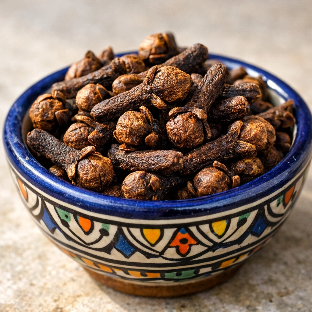 مسمار الكيف (القرنفل) في وعاء مغربي تقليدي لتعزيز صحة الفم والأسنان