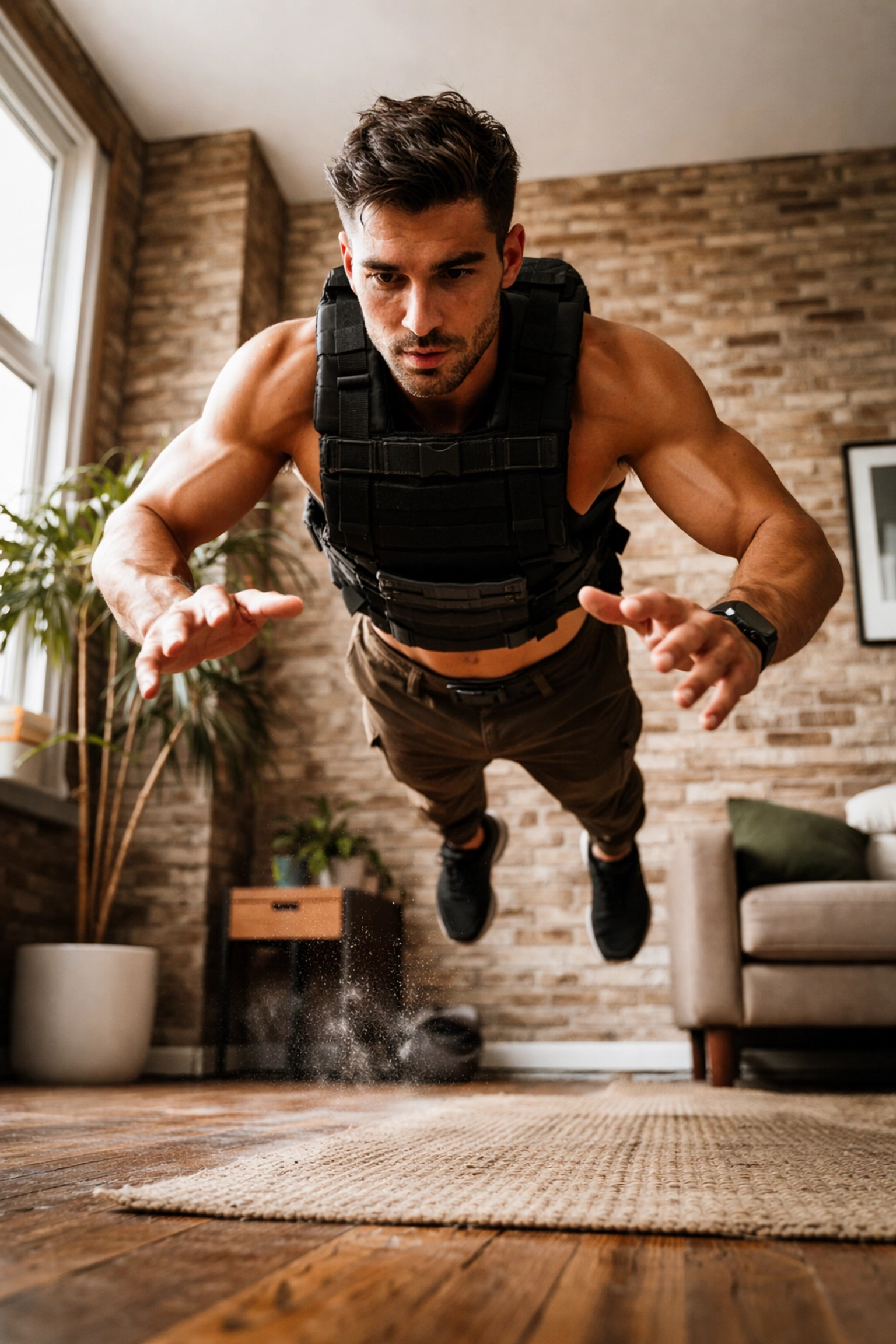 Man performing explosive push-up with a weight vest in a compact urban apartment, showcasing bodyweight resistance training.