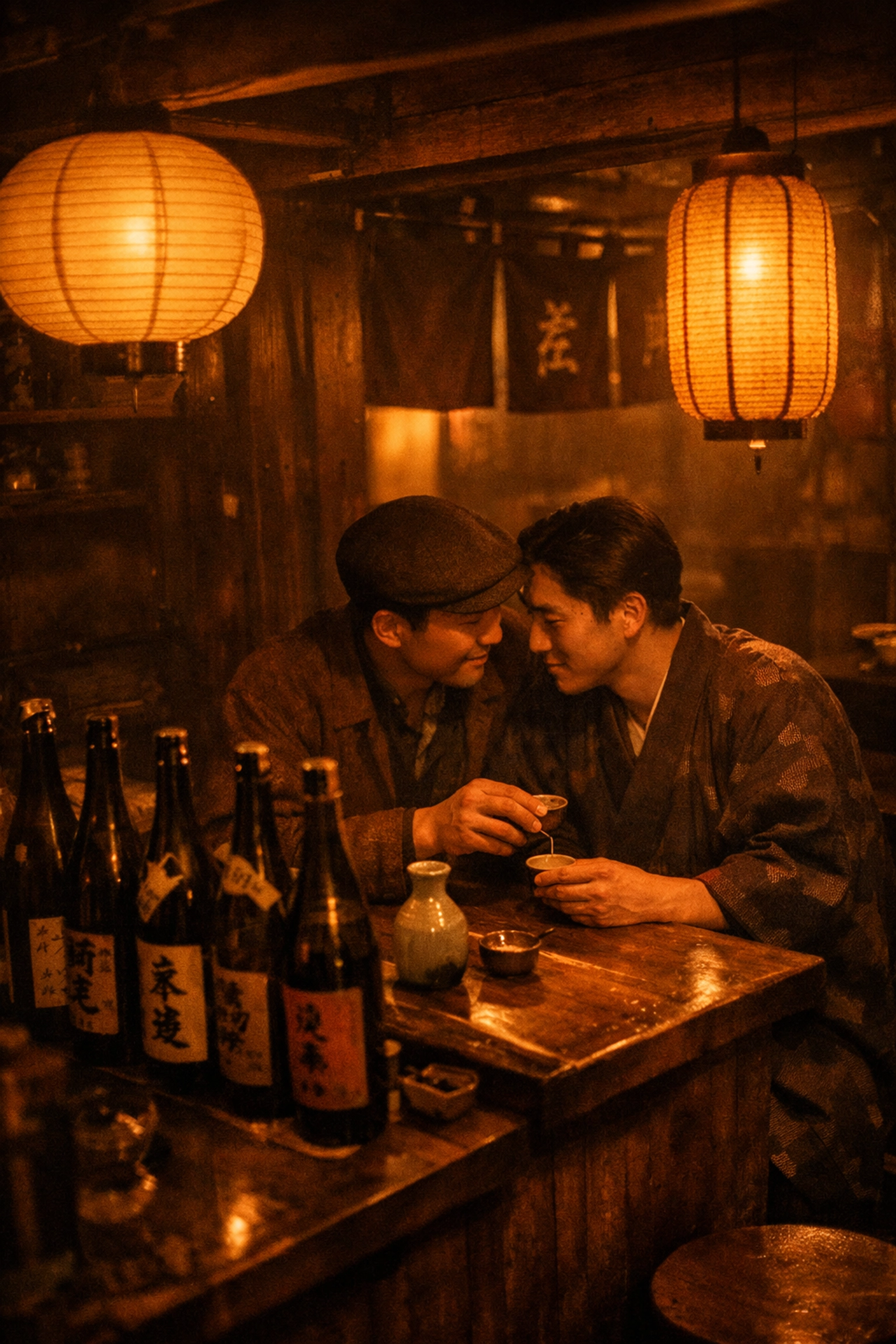 Two men sharing sake in 1930s Asakusa gay bar, Tokyo's secret LGBTQ+ nightlife