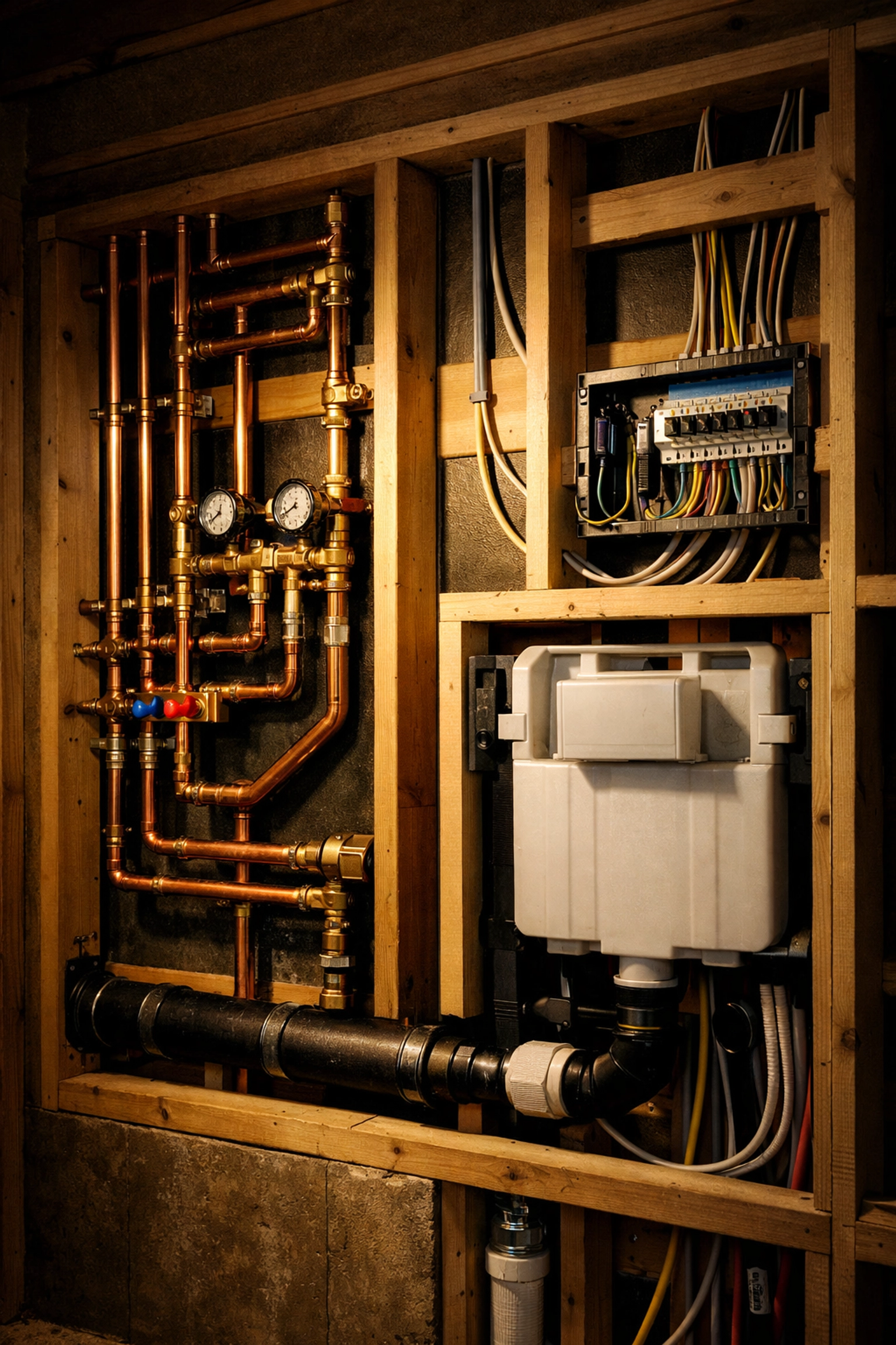 Expert plumbing and electrical wiring installation for a high-end bathroom renovation project.