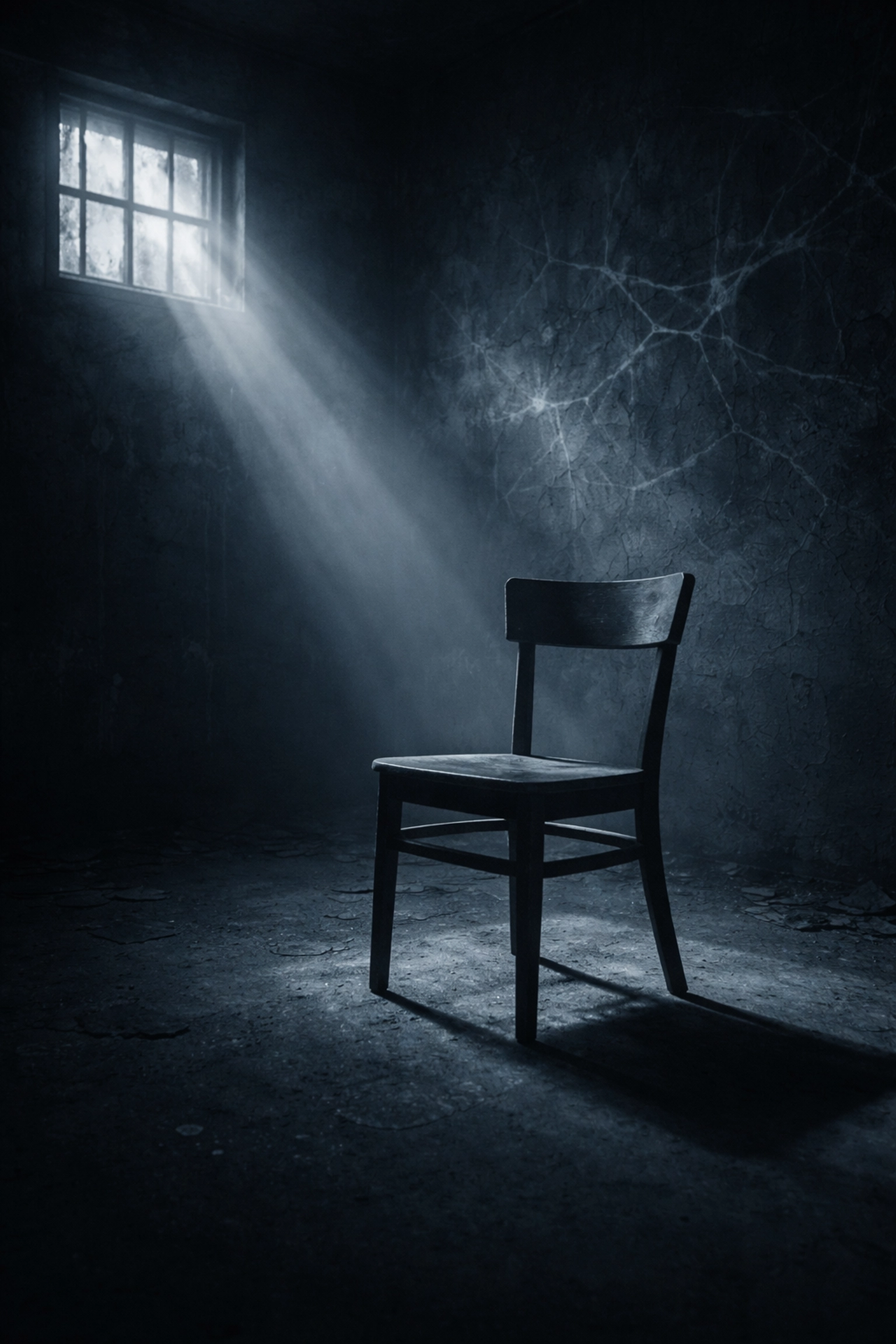 Leerer Stuhl im dunklen Raum symbolisiert Isolation und die Schwere der Traumabewältigung durch Bücher.