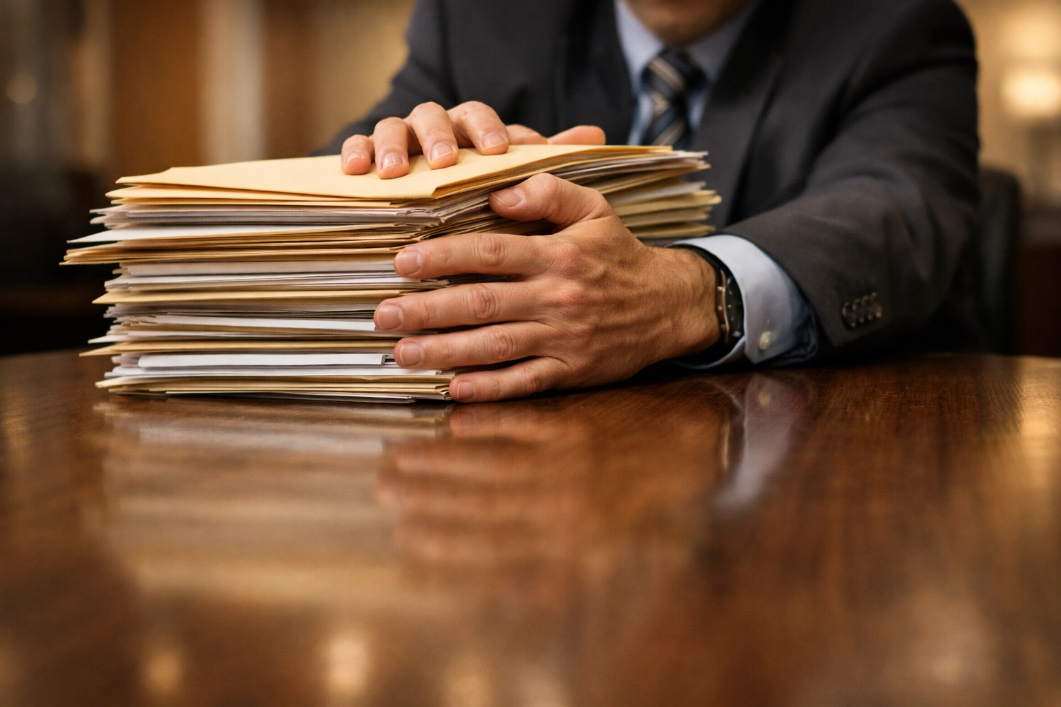 Business person withholding documents during due diligence review meeting