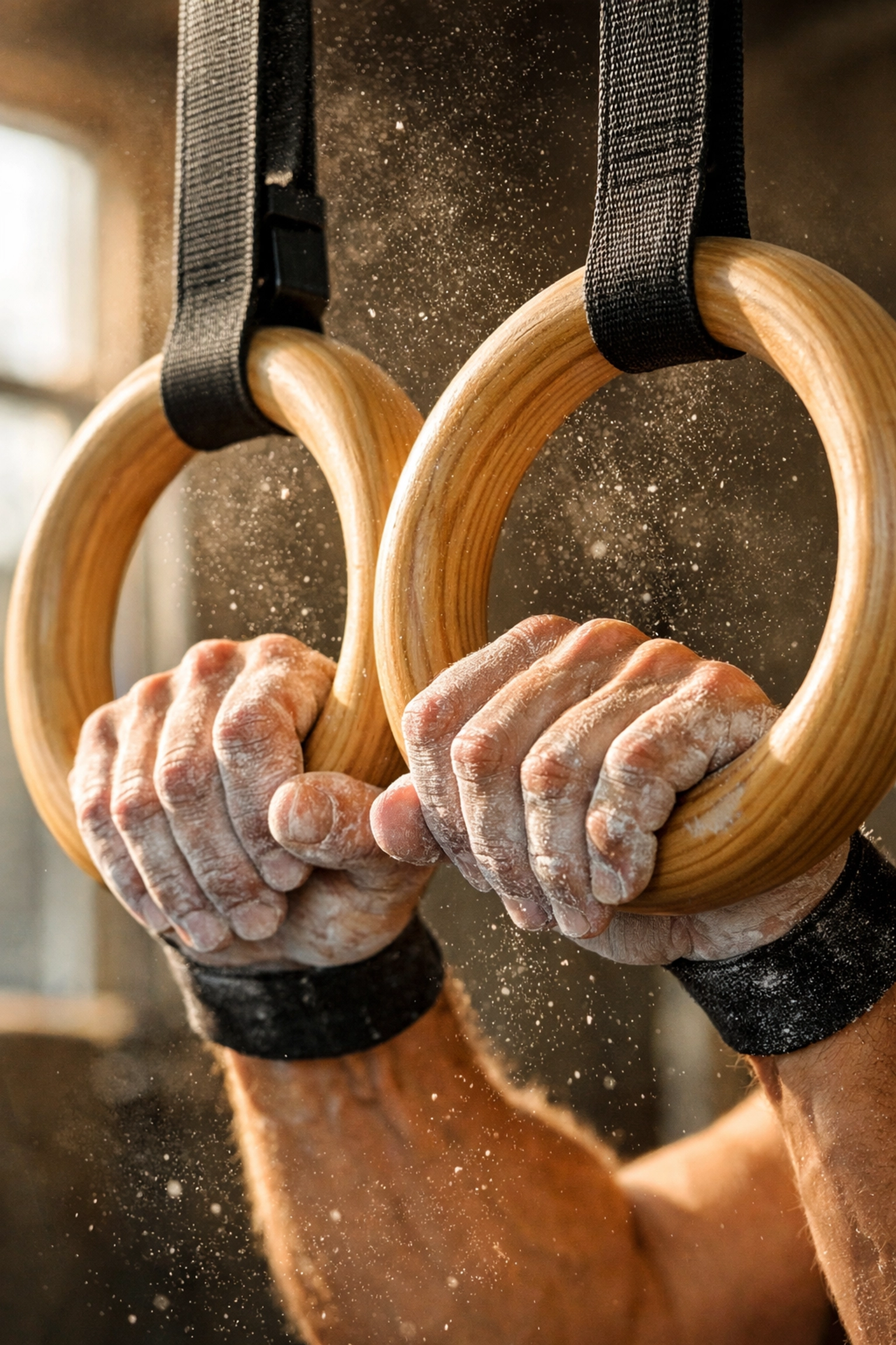 High-quality wooden gymnastic rings for advanced bodyweight training and full body home workouts.