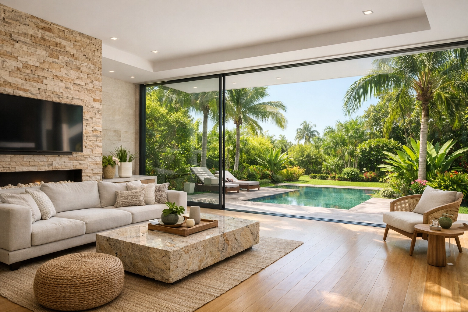 Eco-friendly Orlando home renovation with sustainable bamboo flooring and energy-efficient glass walls.