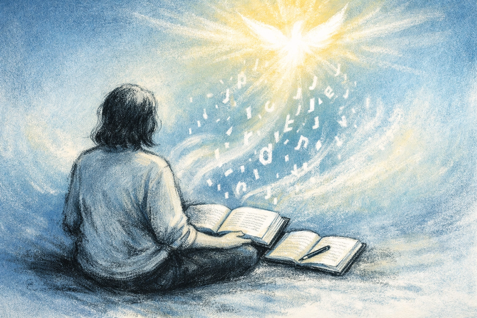 Person with open Bible and journal, peaceful posture, abstract prayer symbols rising like a private prayer language