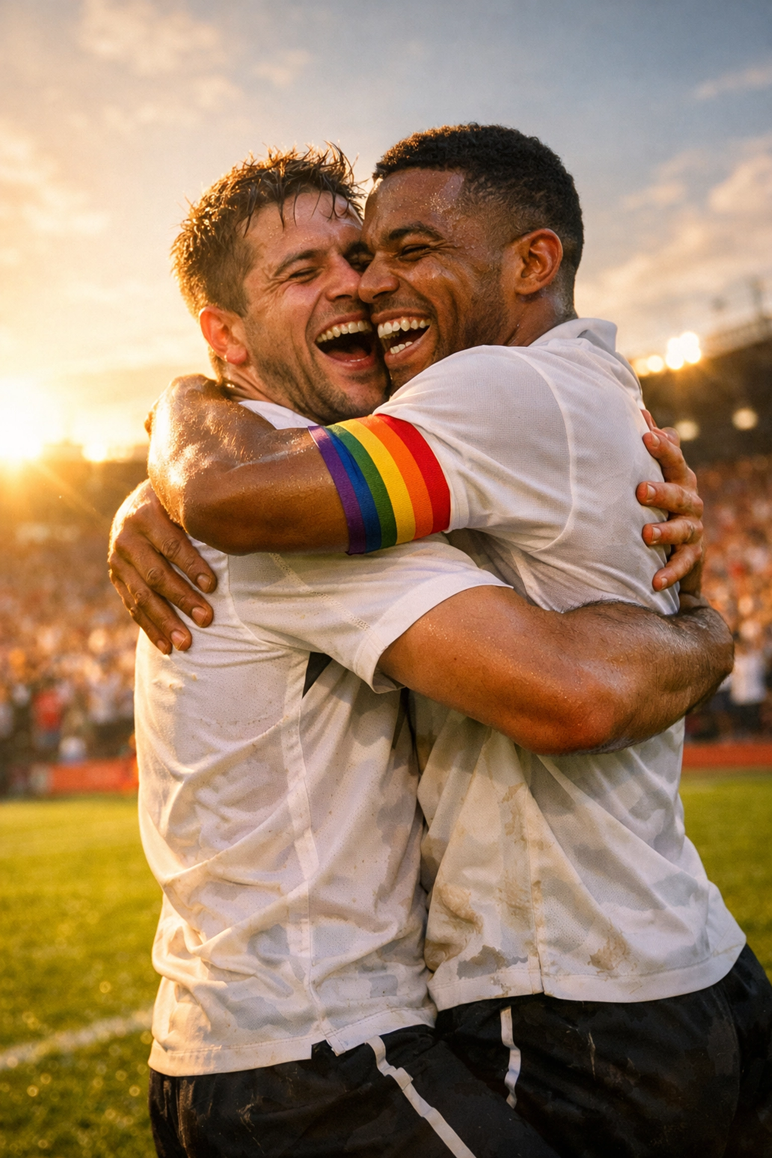 Gay male soccer players celebrating together on field with rainbow armband showing LGBTQ+ pride