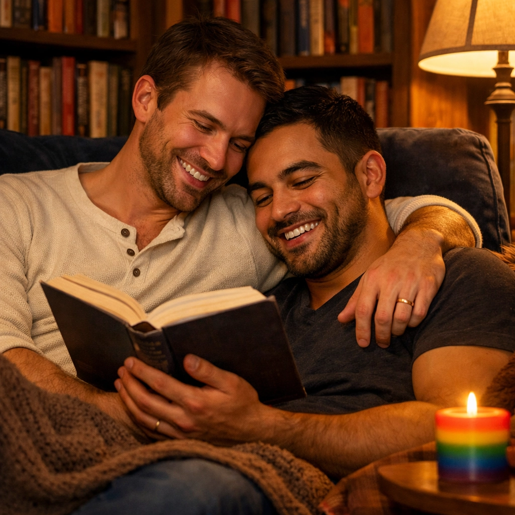 Two men reading together in a cozy nook, exploring the world of MM romance and LGBTQ+ fiction.