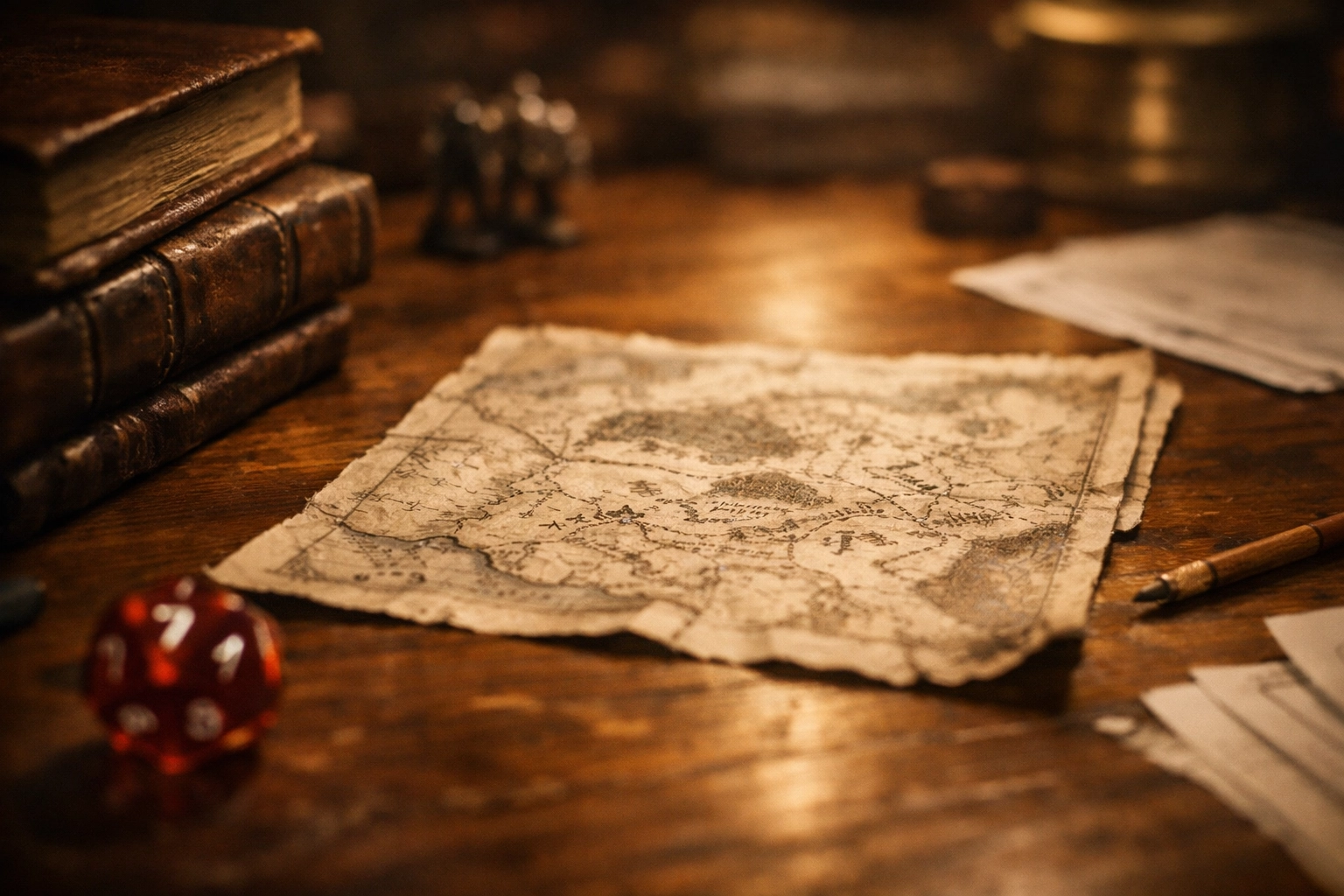 Hand-drawn maps and reference books illustrating the outcomes of spaced repetition in game-based learning.