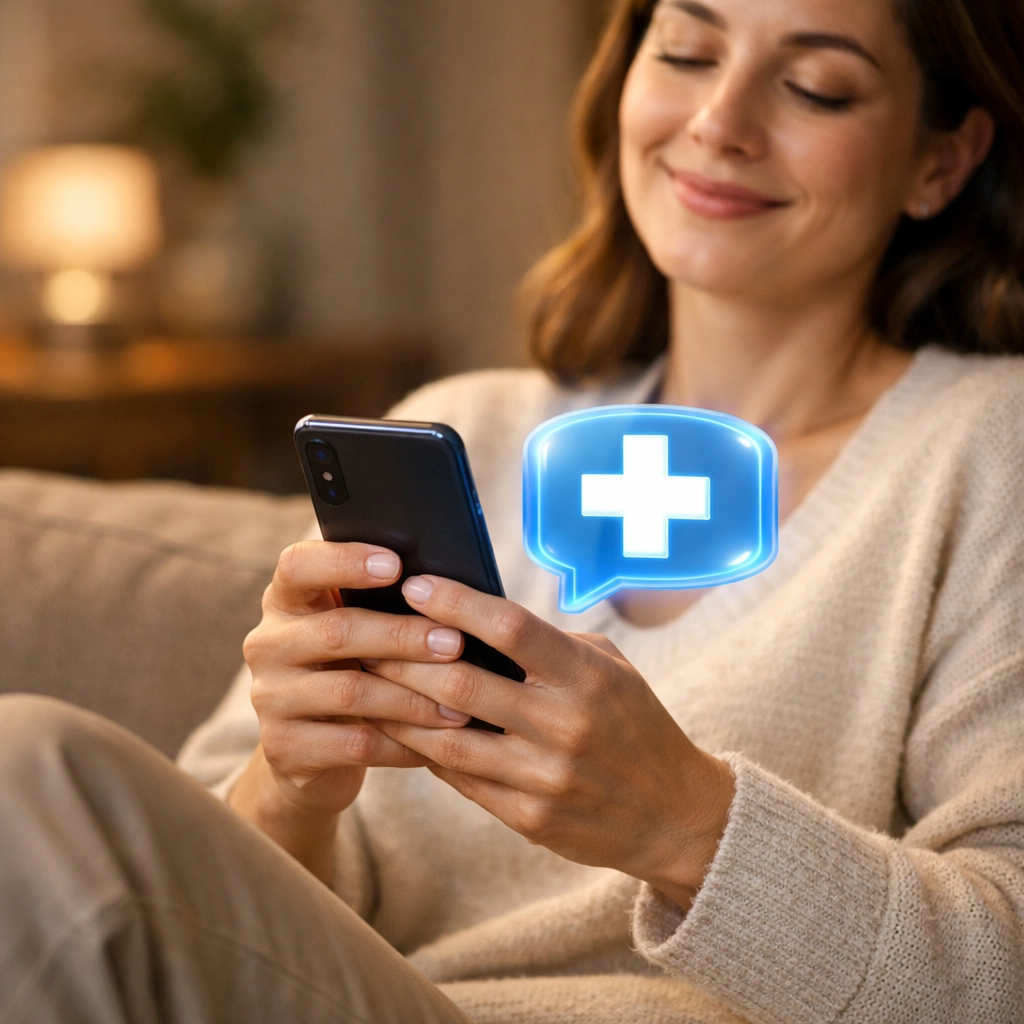 Patient using a mobile device for a secure online doctor consultation from the comfort of home.