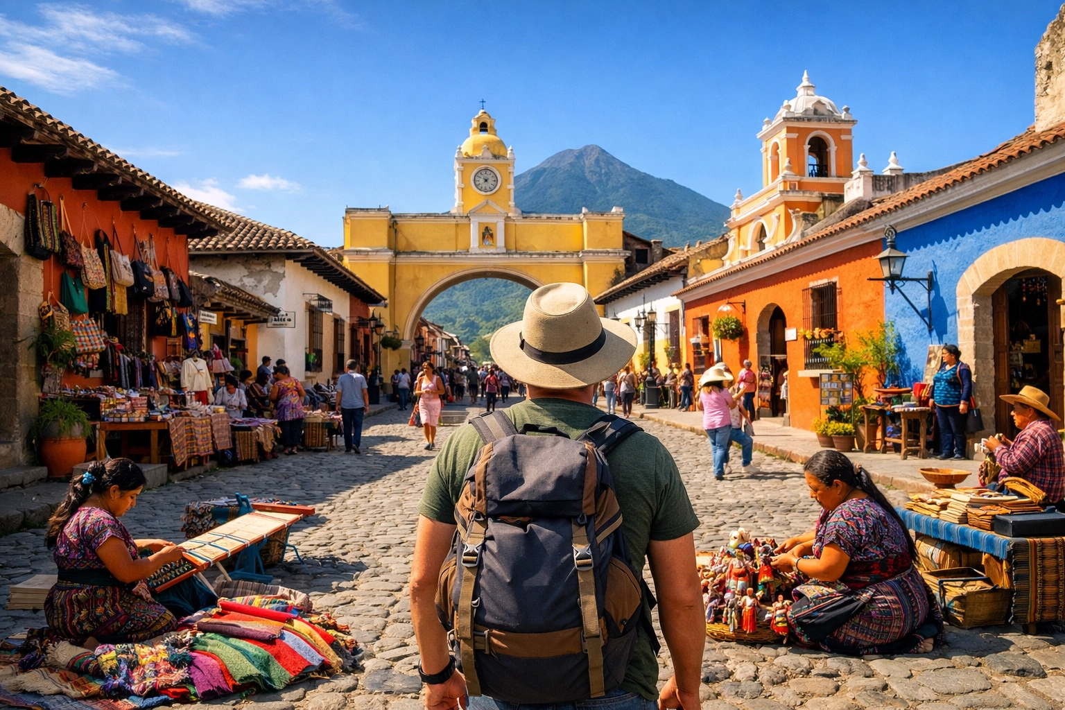 Traveler exploring a colorful historic town square in Central America for true cultural immersion.