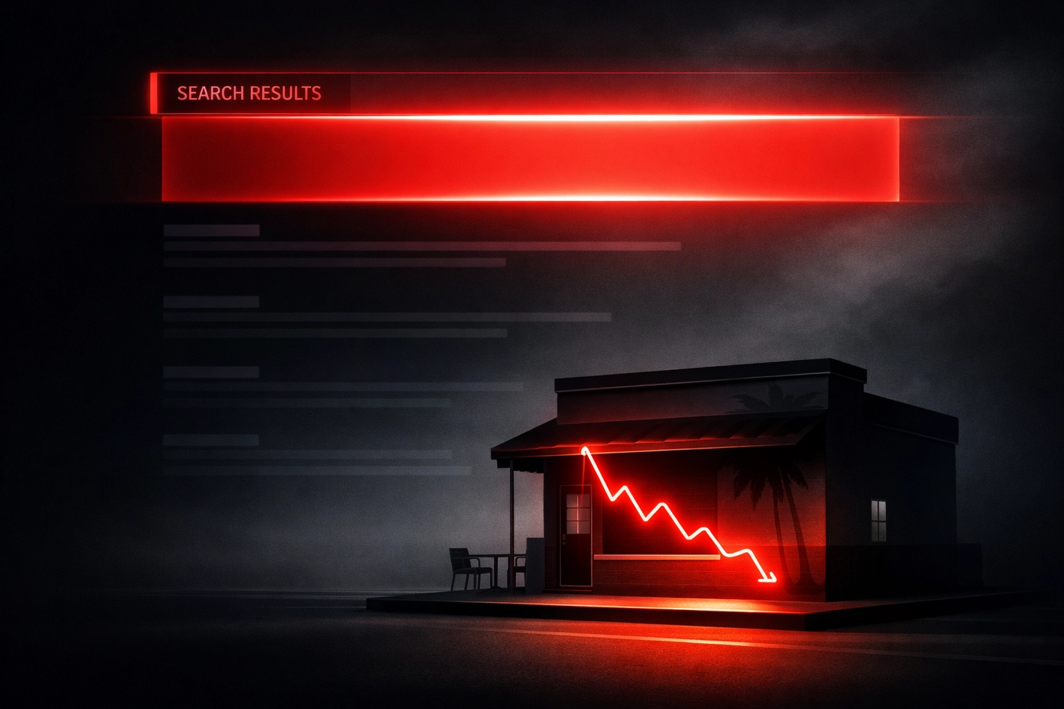 Google AI Overview summary panel above faded search links with a red business revenue decline chart.