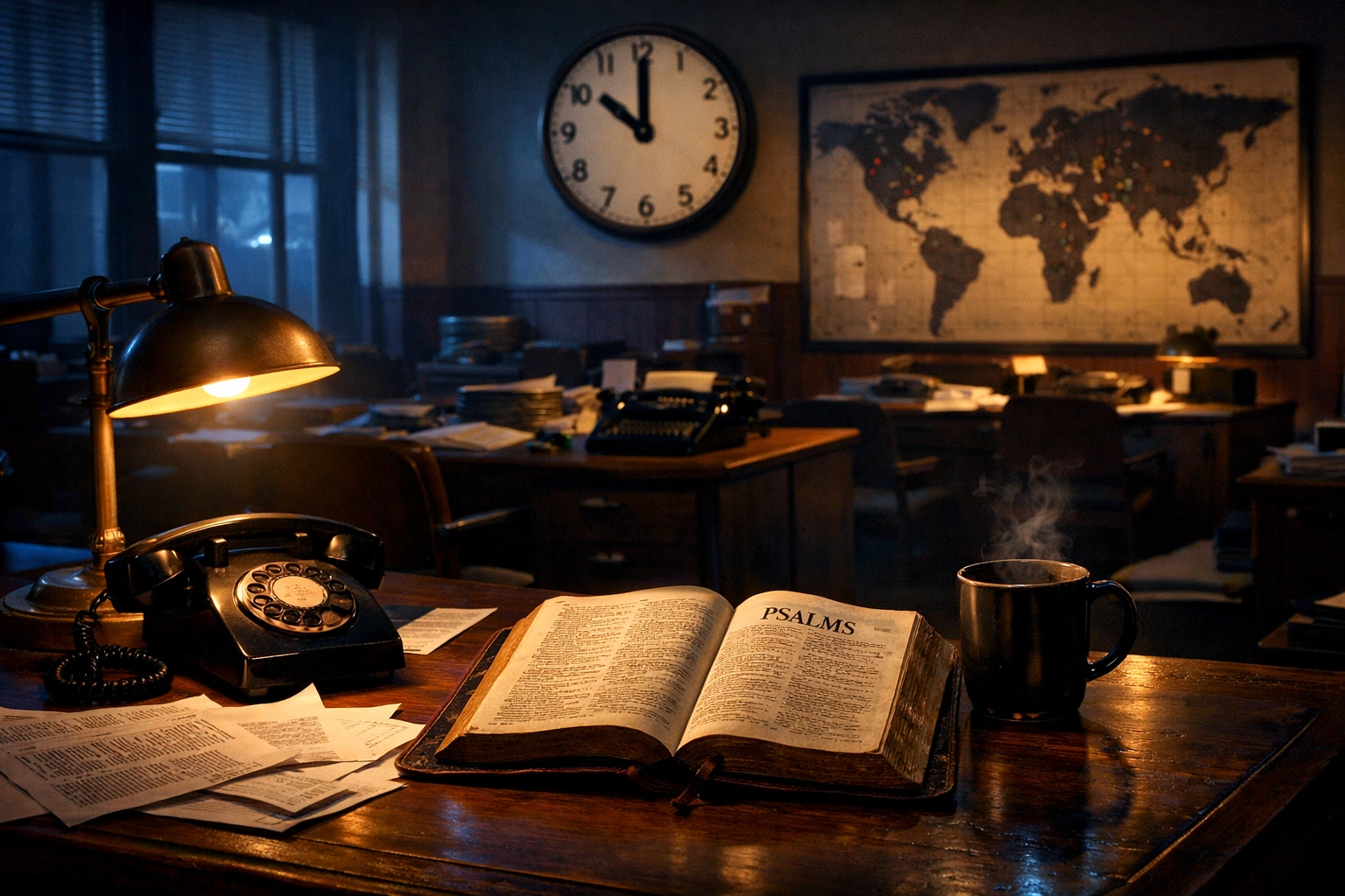 Vintage newsroom desk at night with Bible and news printouts representing Christ-centered journalism