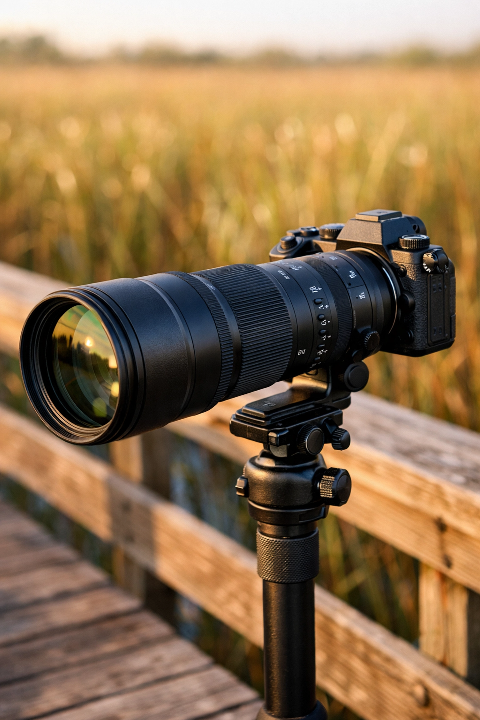 Mirrorless camera with a long telephoto lens on a monopod, essential gear for Everglades photography.