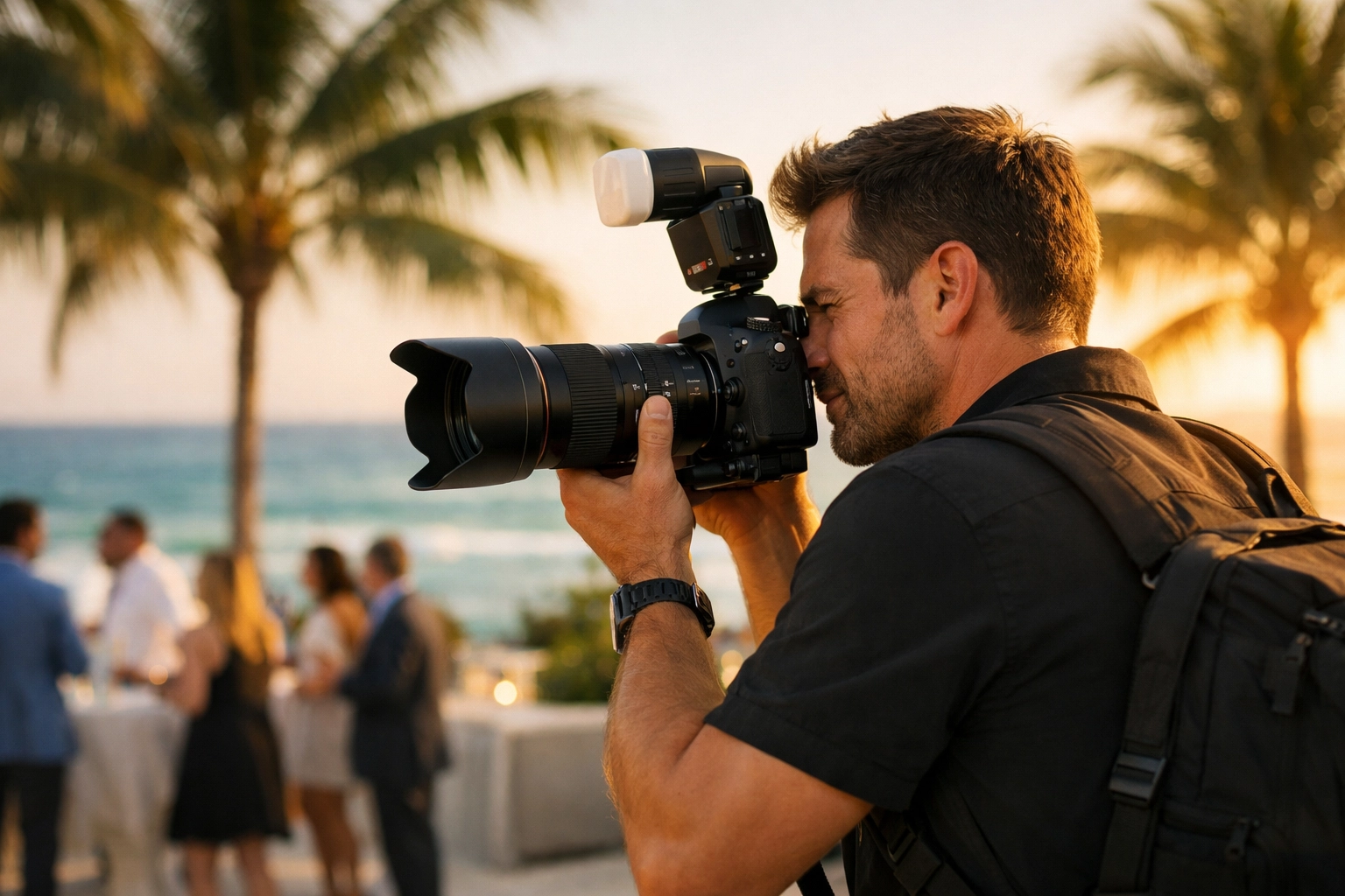 Miami event photographer in action capturing a corporate gathering at a luxury beachfront resort.