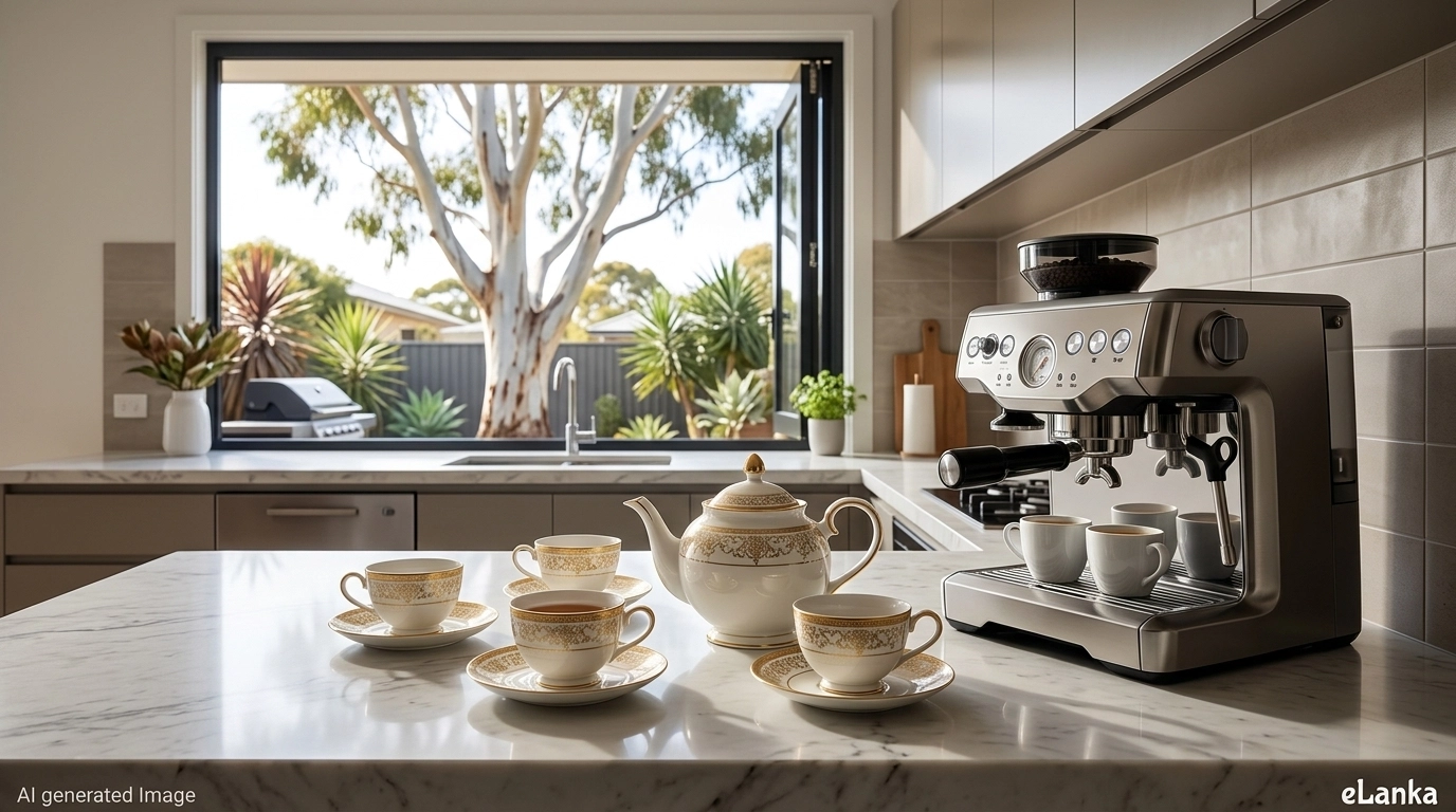 A modern Australian kitchen featuring a traditional Sri Lankan tea set and a modern espresso machine, representing cultural integration.