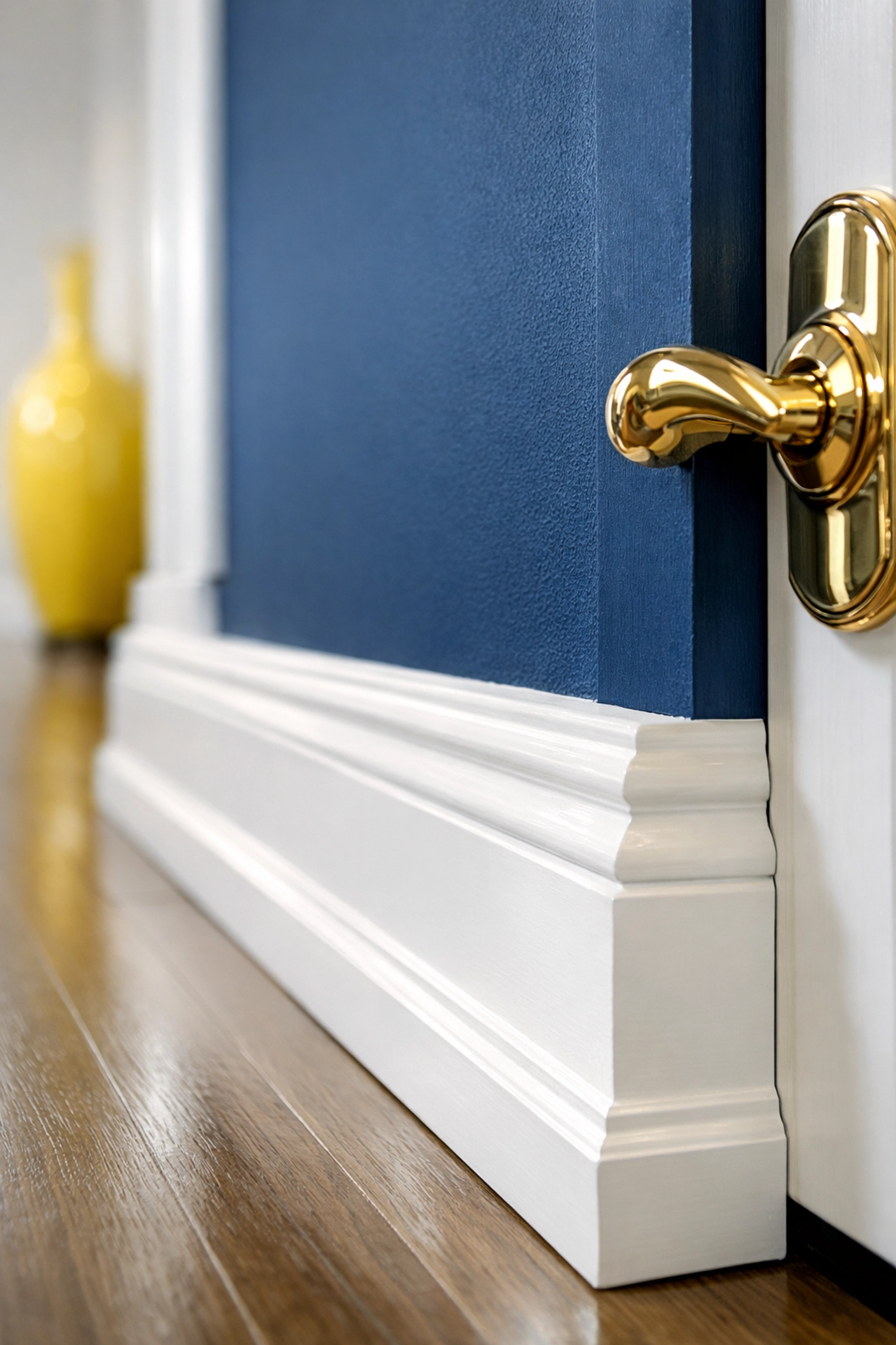 Close-up of a clean white baseboard and polished door handle showing professional cleaning attention to detail.