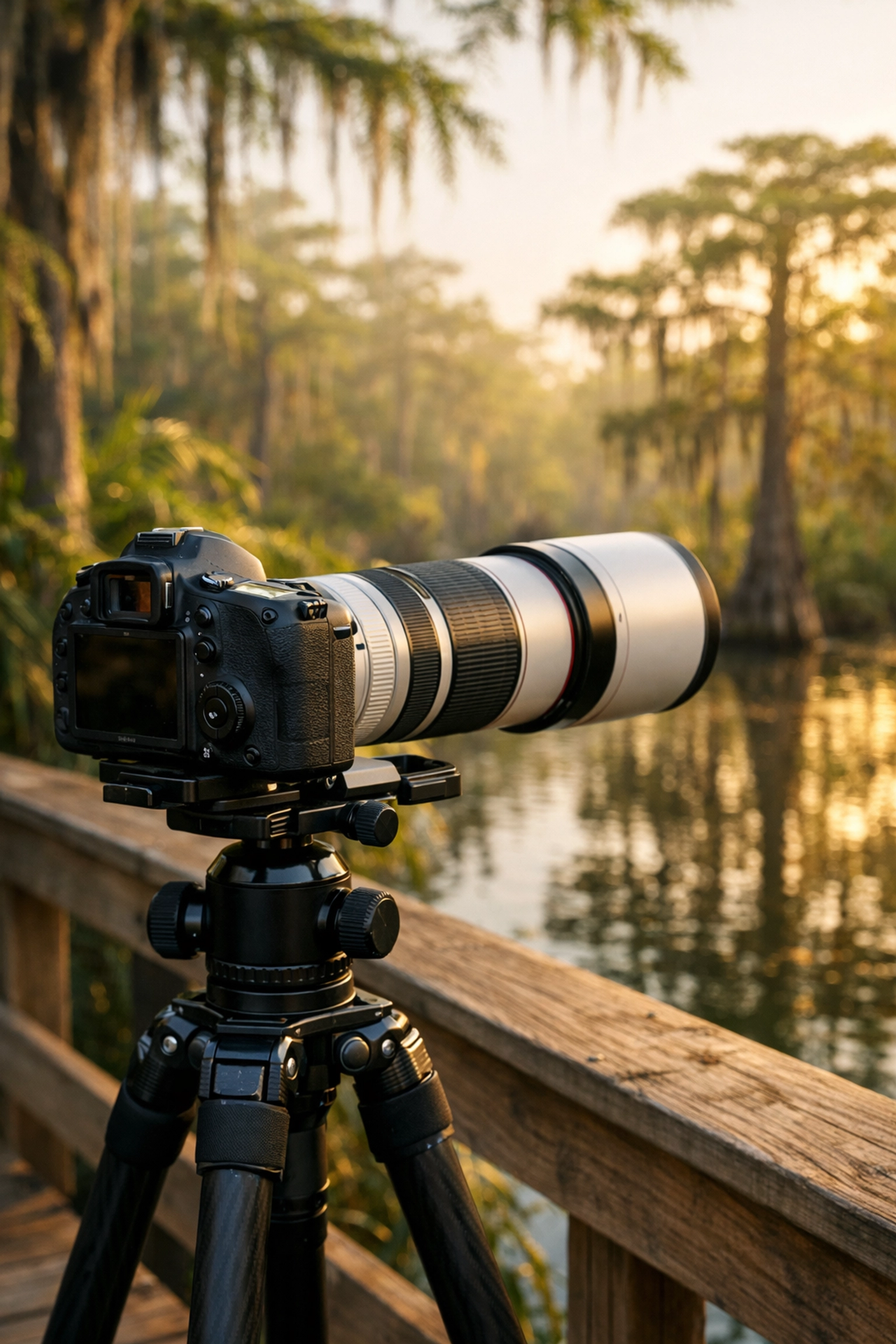 Professional camera and telephoto lens on a tripod at an Everglades photography spot in a cypress swamp.