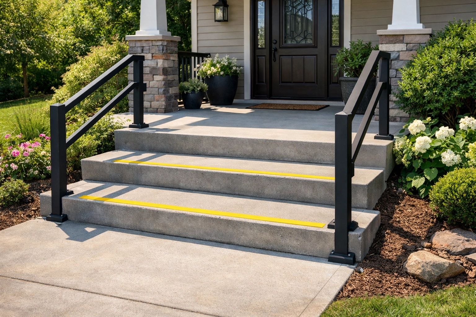 Safe residential entrance with sturdy black handrails and high-visibility safety strips on exterior concrete steps.